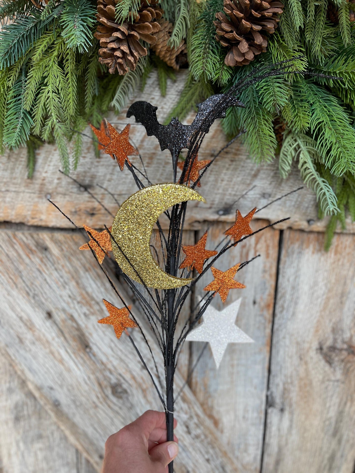 29" Halloween Spray, Gitter Crescent Moon Bat Spray, Halloween Spray