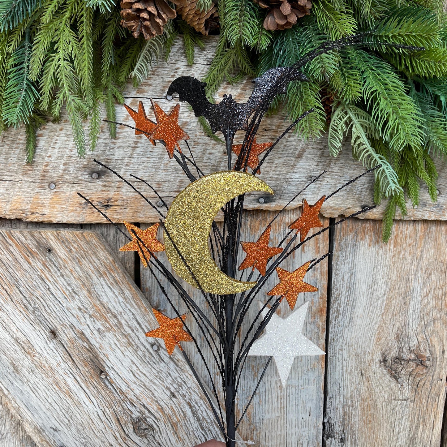 29" Halloween Spray, Gitter Crescent Moon Bat Spray, Halloween Spray