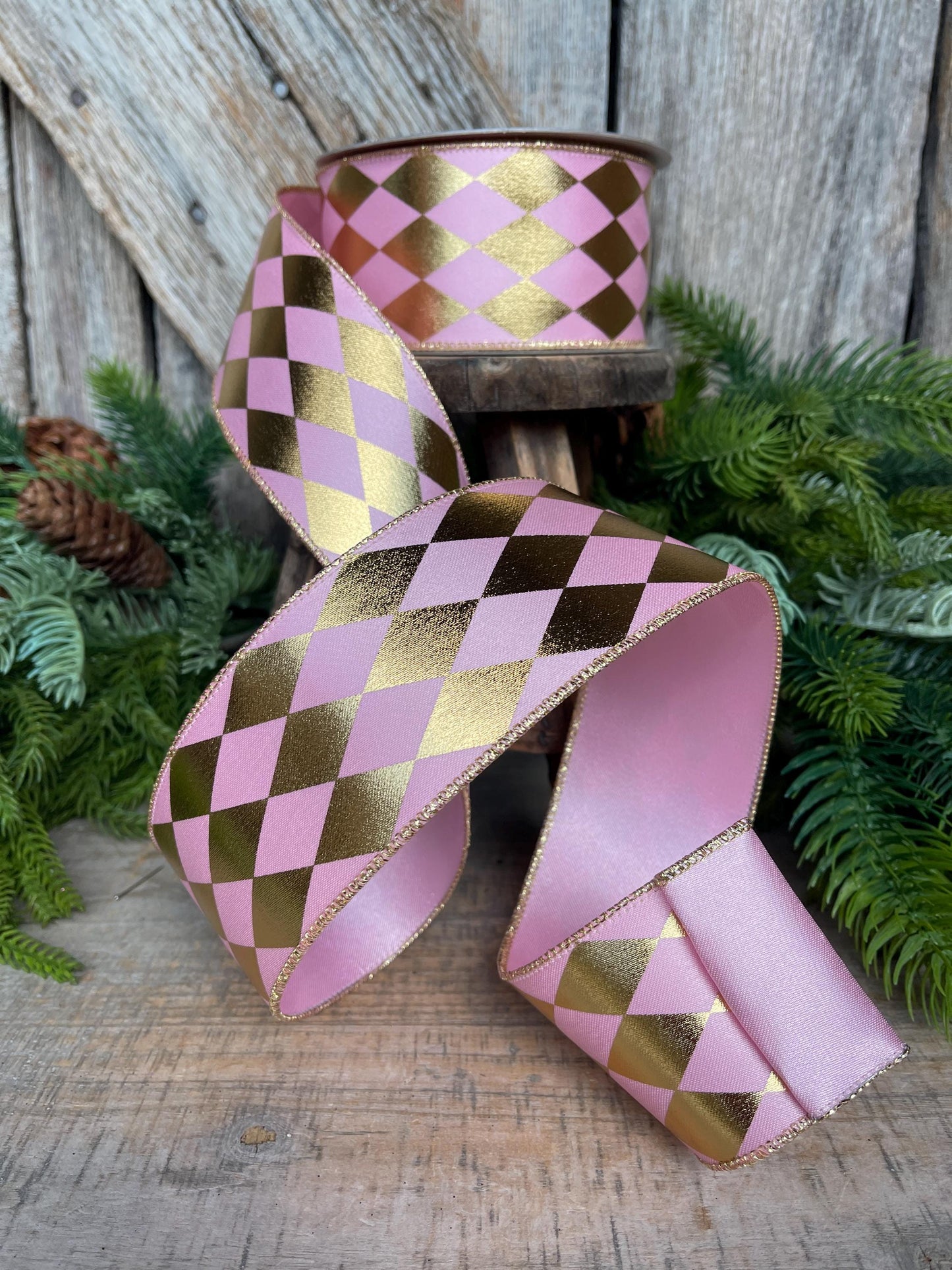 2.5" Pink Gold Harlequin Ribbon, Farrisilk Ribbon, Wired Ribbon, Frolly Jolly Pink Ribbon, Christmas Ribbon, Pink Harlequin Ribbon, RS266-14