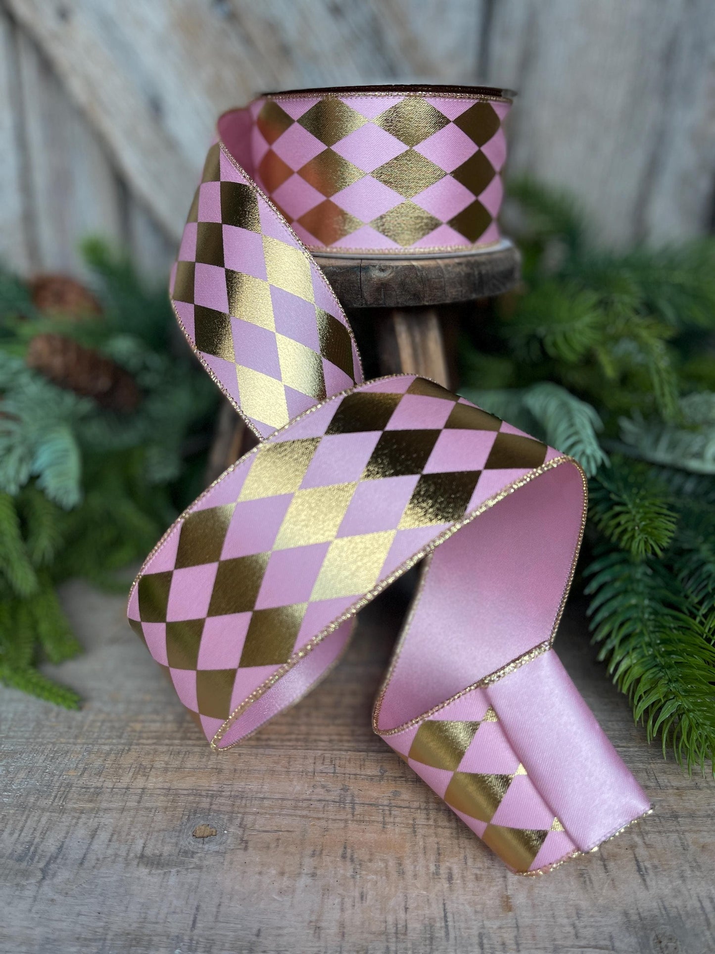 2.5" Pink Gold Harlequin Ribbon, Farrisilk Ribbon, Wired Ribbon, Frolly Jolly Pink Ribbon, Christmas Ribbon, Pink Harlequin Ribbon, RS266-14