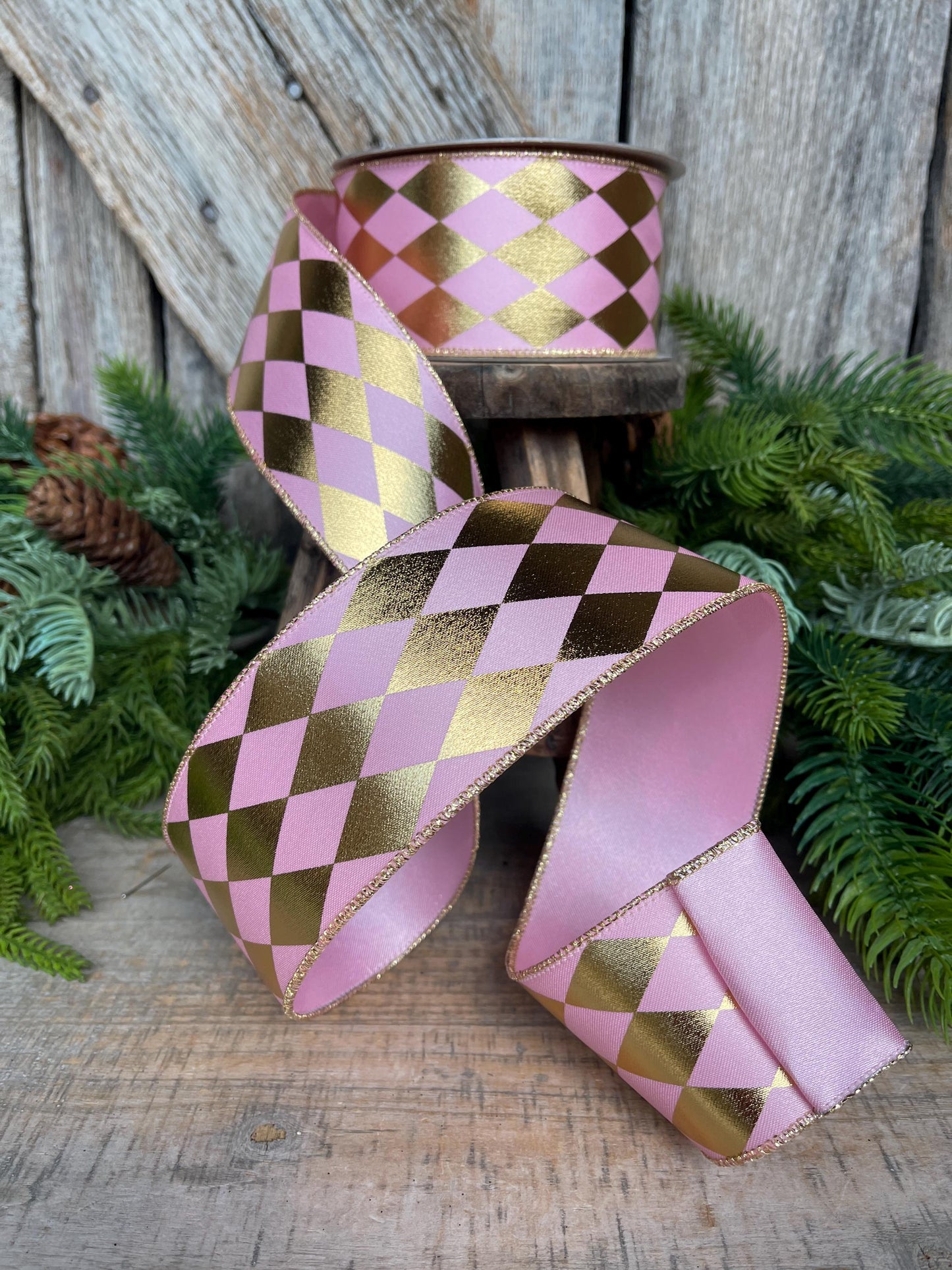 2.5" Pink Gold Harlequin Ribbon, Farrisilk Ribbon, Wired Ribbon, Frolly Jolly Pink Ribbon, Christmas Ribbon, Pink Harlequin Ribbon, RS266-14