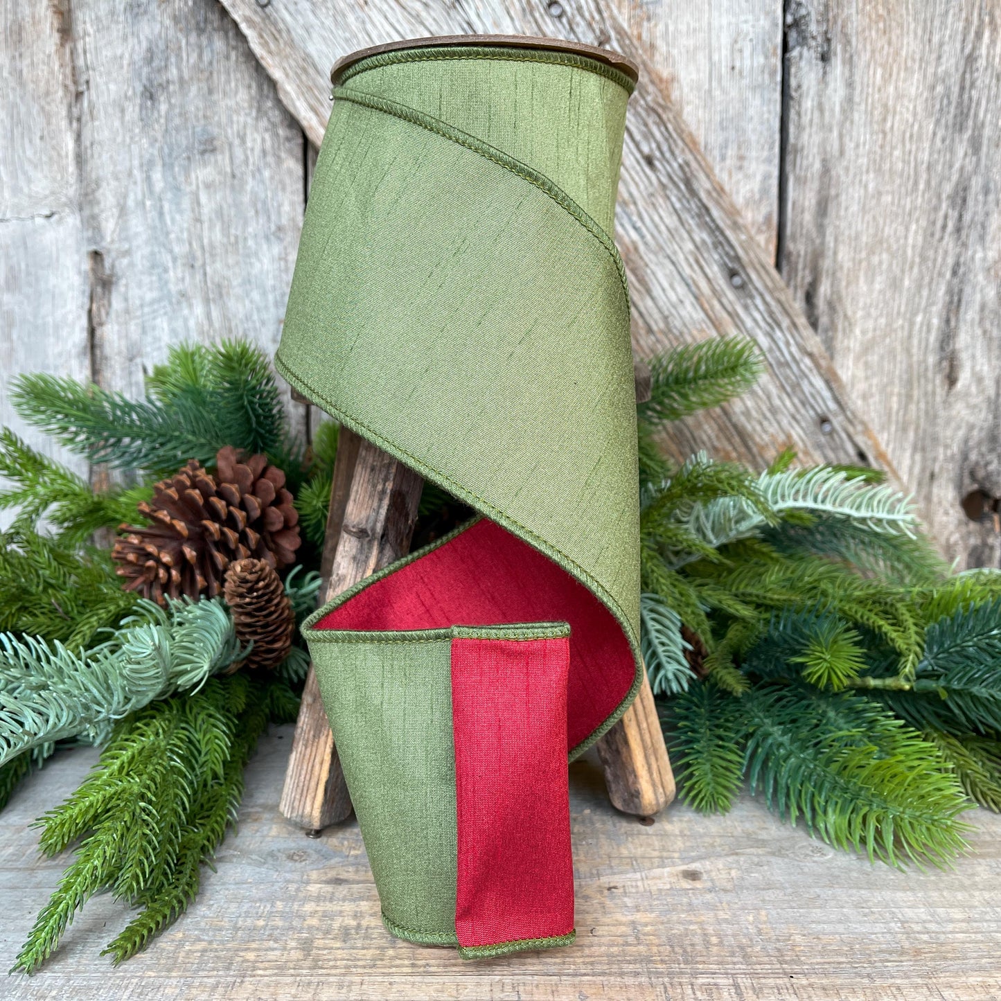 4" Red Moss Green Dupion Ribbon, Christmas Ribbon, Double Sided Ribbon