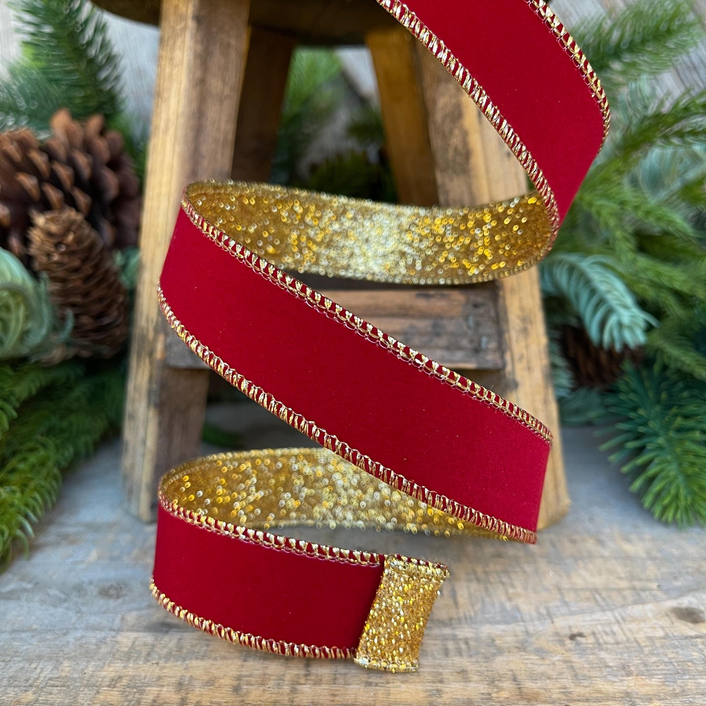 1" Red Gold Ribbon, Red Gold Gleam Ribbon, Farrisilk Ribbon, Wired Ribbon, Christmas Ribbon, Narrow Ribbon, Christmas Tree Ribbon