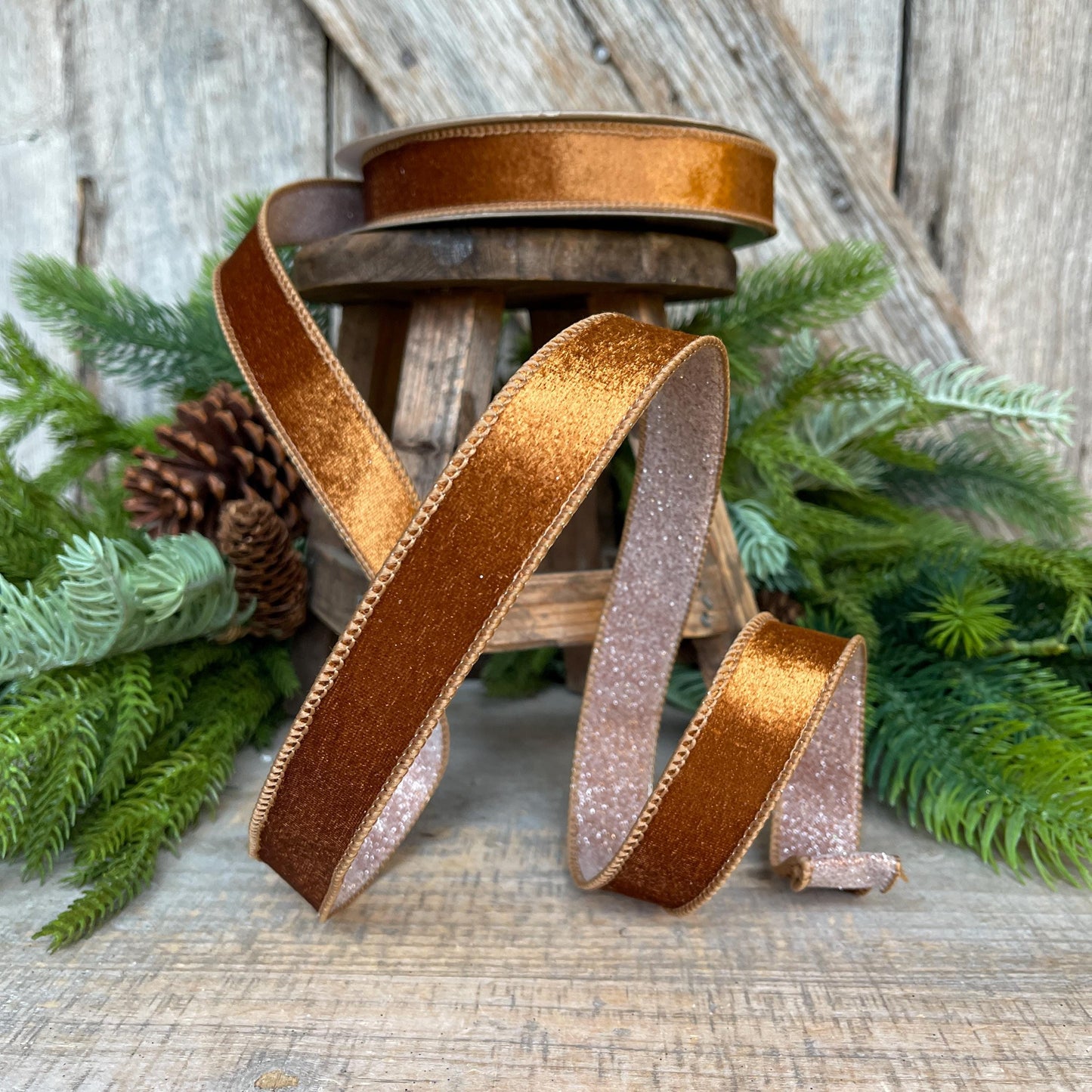 1" Pecan Brown Velvet Ribbon, Farrisilk Ribbon, Brown Ribbon, Christmas Ribbon, Plush Stardust ribbon, Designer Ribbon, RS206-35