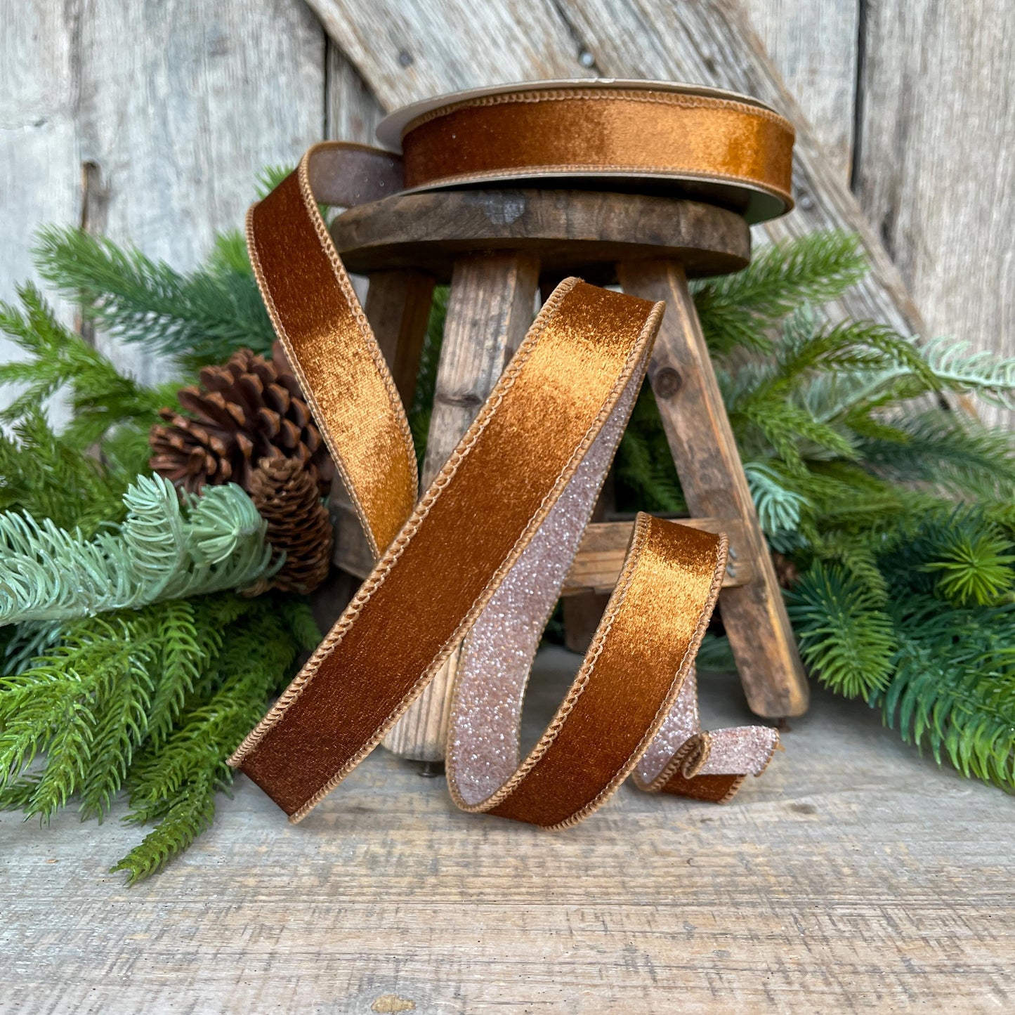 1" Pecan Brown Velvet Ribbon, Farrisilk Ribbon, Brown Ribbon, Christmas Ribbon, Plush Stardust ribbon, Designer Ribbon, RS206-35
