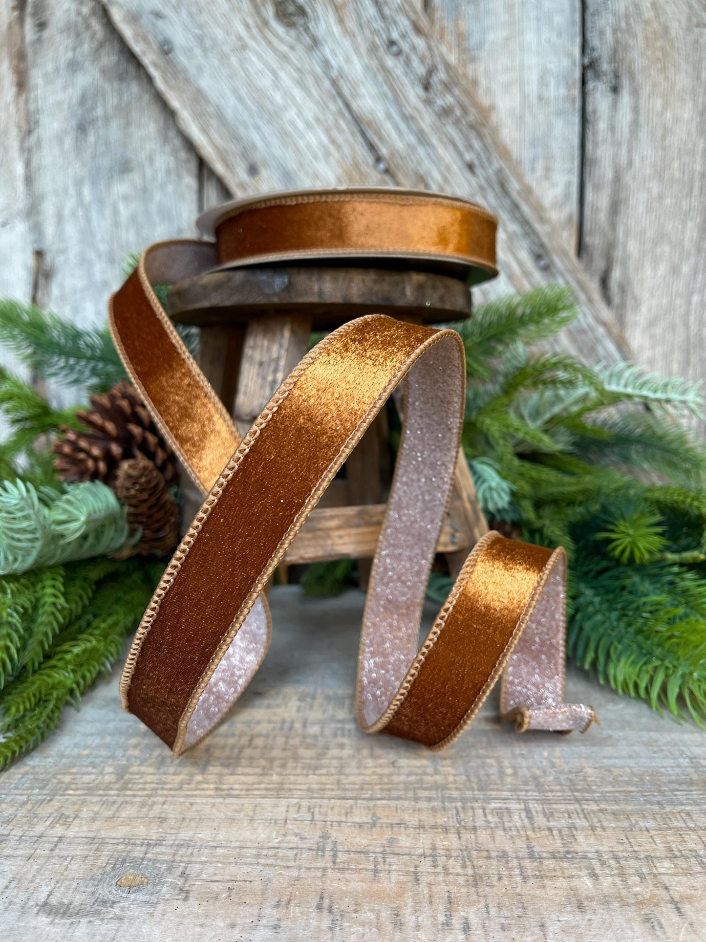 1" Pecan Brown Velvet Ribbon, Farrisilk Ribbon, Brown Ribbon, Christmas Ribbon, Plush Stardust ribbon, Designer Ribbon, RS206-35