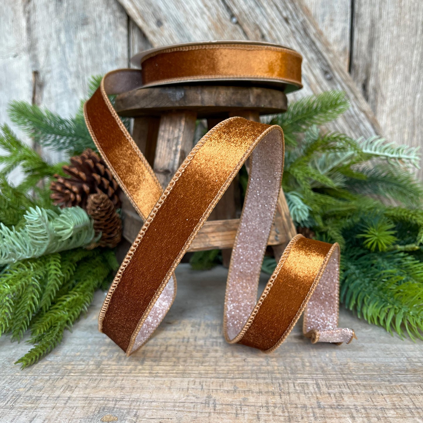 1" Pecan Brown Velvet Ribbon, Farrisilk Ribbon, Brown Ribbon, Christmas Ribbon, Plush Stardust ribbon, Designer Ribbon, RS206-35