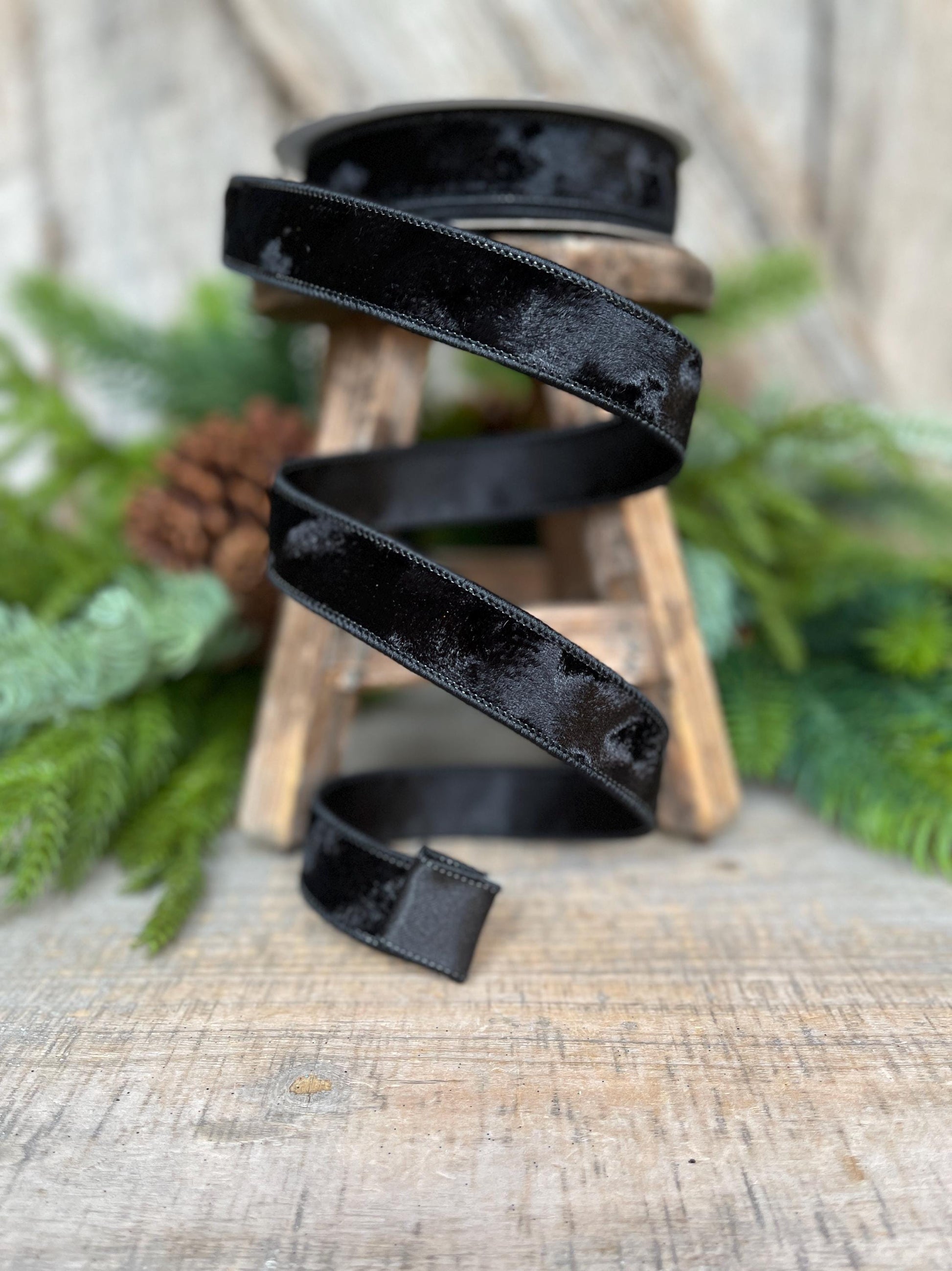 1” Black Silken Velvet Ribbon, Farrisilk ribbon, Velvet ribbon