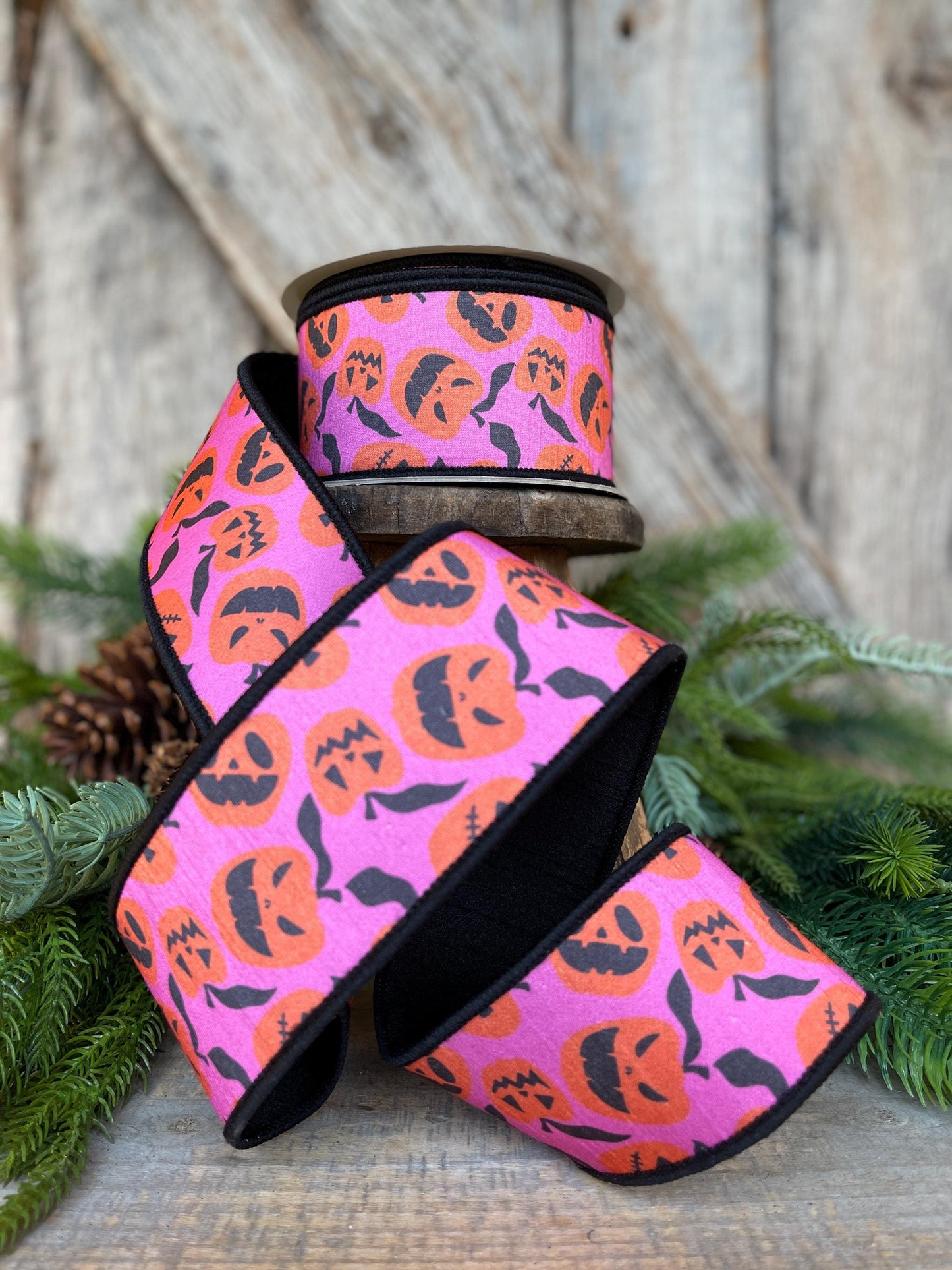 2.5" Halloween Ribbon, Farrisilk Ribbon, Pink Orange Pumpkin Ribbon, Halloween Pumpkin Ribbon, jack o lantern ribbon, HR048-52