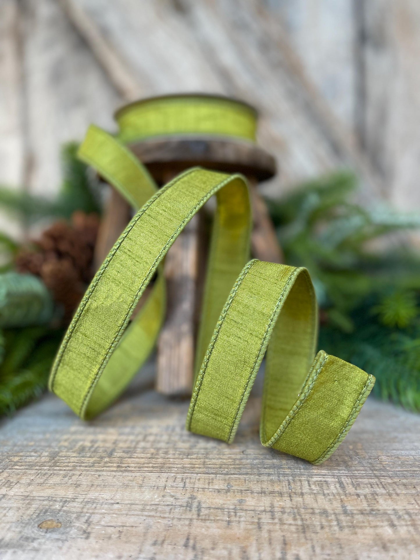 1" Olive Green Dupion Ribbon, Farrisilk Ribbon, Wired RIbbon, CHristmas RIbbon, Olive Green RIbbon, Lime Green Ribbon, RK608-76