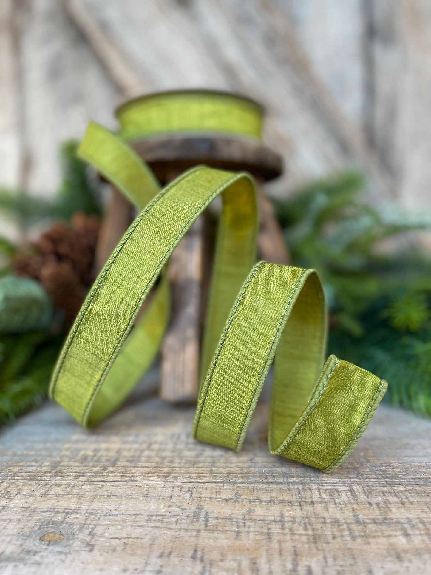 1" Olive Green Dupion Ribbon, Farrisilk Ribbon, Wired RIbbon, CHristmas RIbbon, Olive Green RIbbon, Lime Green Ribbon, RK608-76