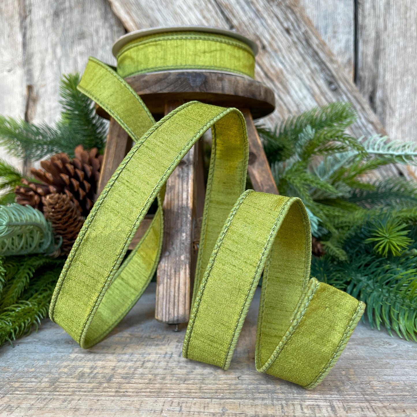 1" Olive Green Dupion Ribbon, Farrisilk Ribbon, Wired RIbbon, CHristmas RIbbon, Olive Green RIbbon, Lime Green Ribbon, RK608-76