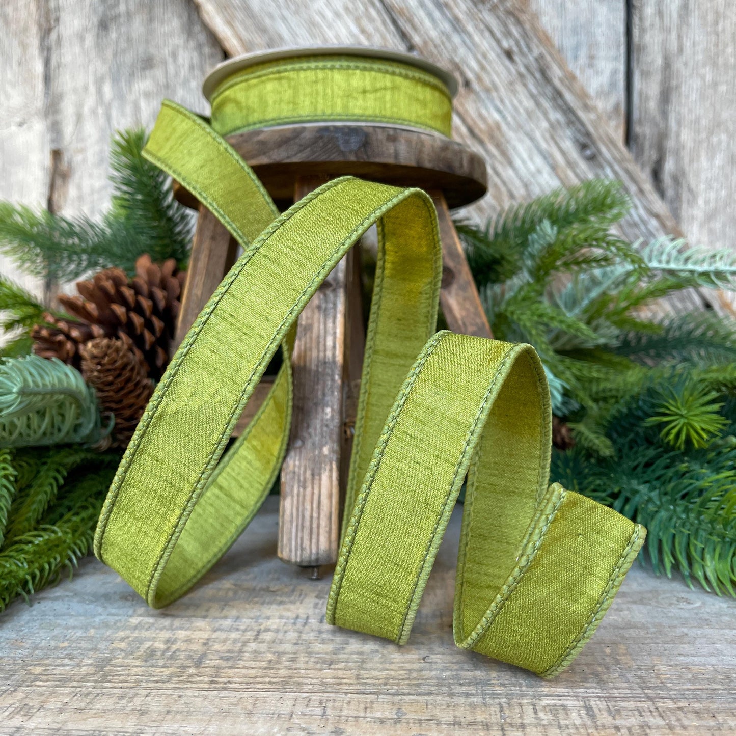 1" Olive Green Dupion Ribbon, Farrisilk Ribbon, Wired RIbbon, CHristmas RIbbon, Olive Green RIbbon, Lime Green Ribbon, RK608-76