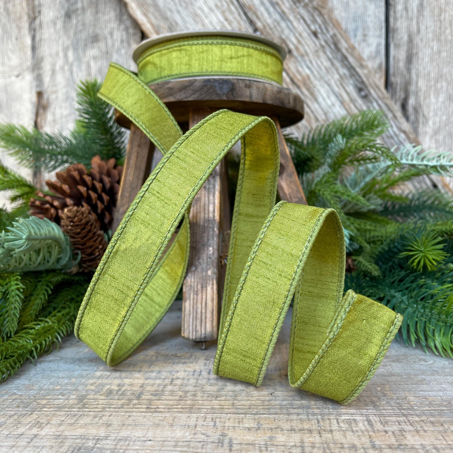 1" Olive Green Dupion Ribbon, Farrisilk Ribbon, Wired RIbbon, CHristmas RIbbon, Olive Green RIbbon, Lime Green Ribbon, RK608-76