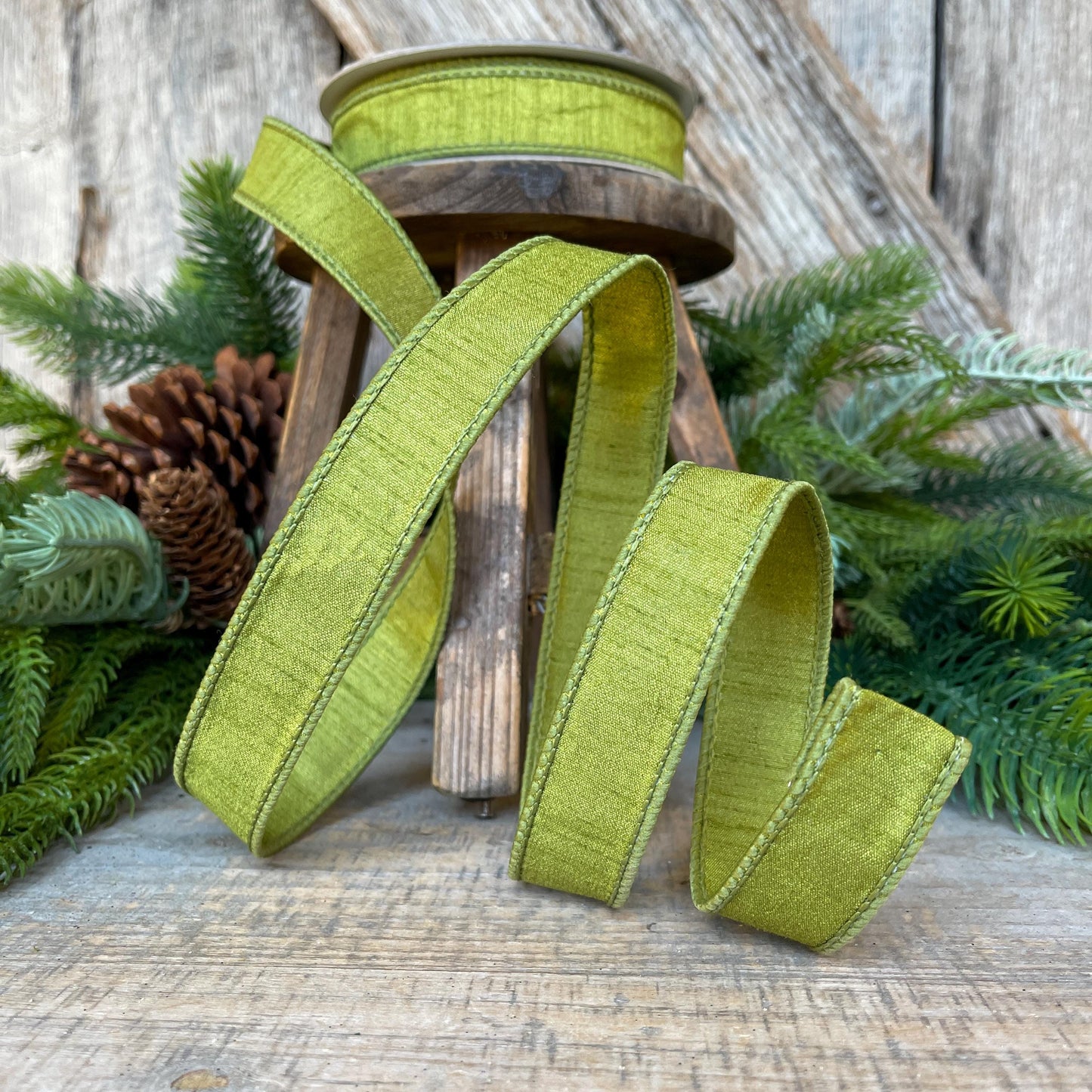 1" Olive Green Dupion Ribbon, Farrisilk Ribbon, Wired RIbbon, CHristmas RIbbon, Olive Green RIbbon, Lime Green Ribbon, RK608-76