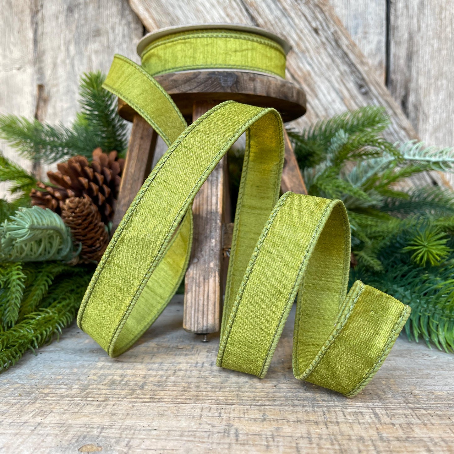 1" Olive Green Dupion Ribbon, Farrisilk Ribbon, Wired RIbbon, CHristmas RIbbon, Olive Green RIbbon, Lime Green Ribbon, RK608-76