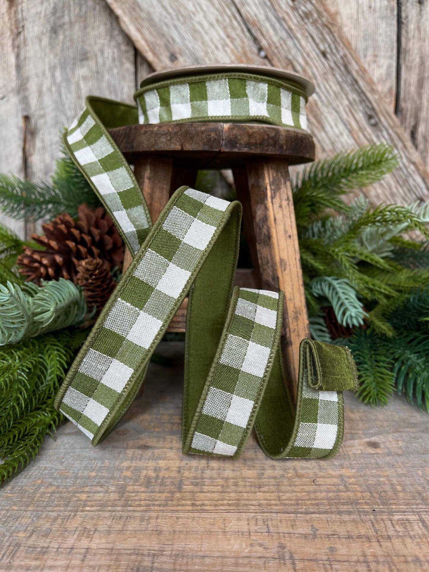 1" Olive Green Stitchery Ribbon, Farrisilk Ribbon, Green Ribbon