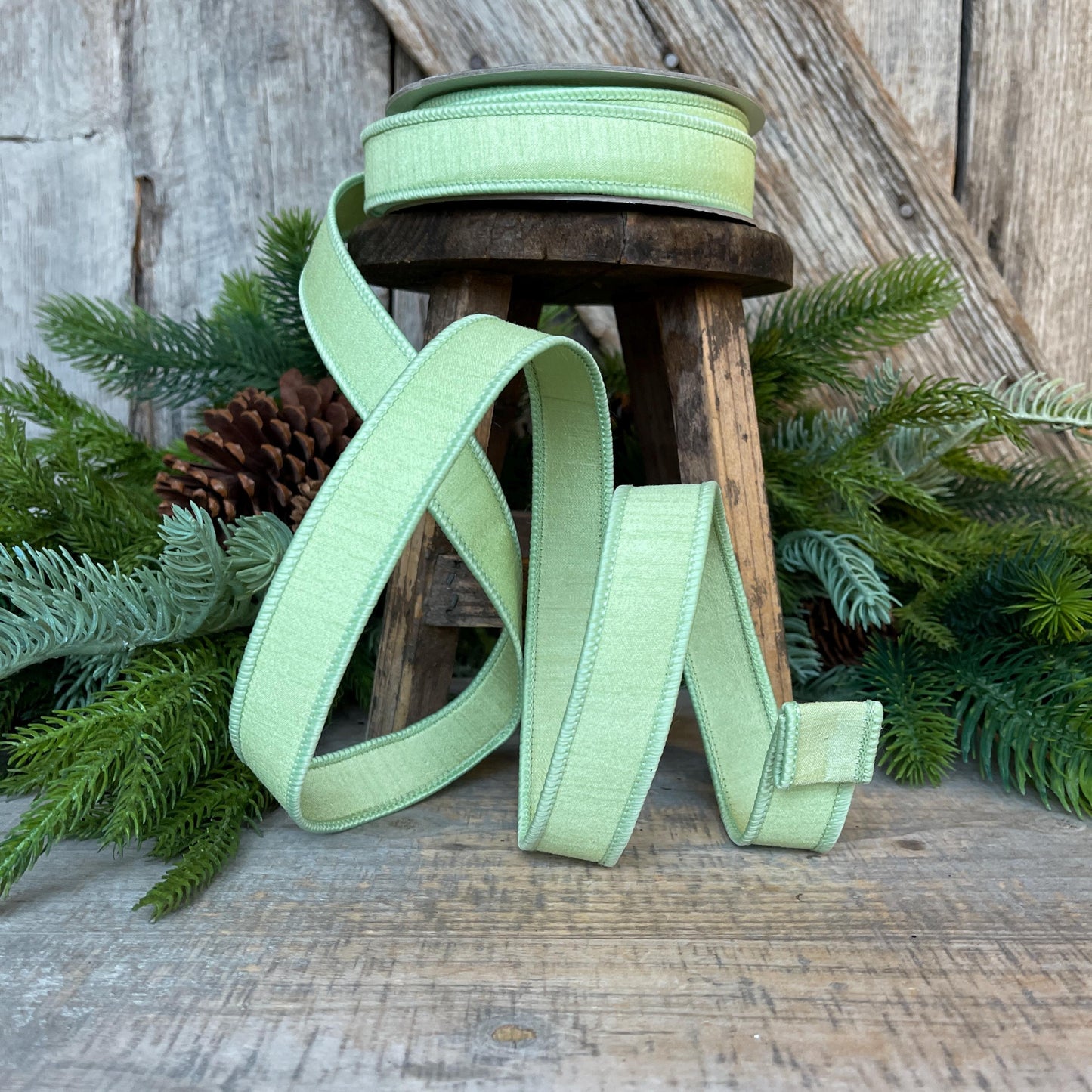 1" Mint Green Dupion Ribbon, Farrisilk Ribbon, Wired Ribbon