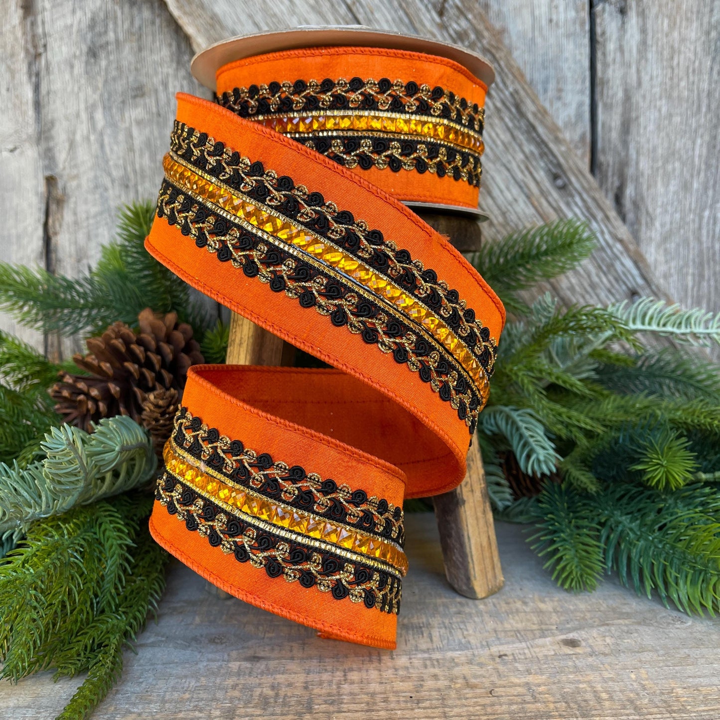 2.5" Halloween Ribbon, Supernatural Swirls, Farrisilk Ribbon, Wired Ribbon, Black Orange Ribbon, Designer Ribbon, Wreath Supply, HR029-87