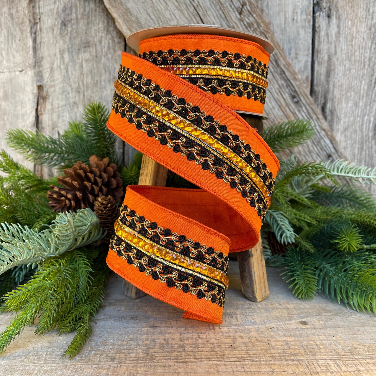 2.5" Halloween Ribbon, Supernatural Swirls, Farrisilk Ribbon, Wired Ribbon, Black Orange Ribbon, Designer Ribbon, Wreath Supply, HR029-87