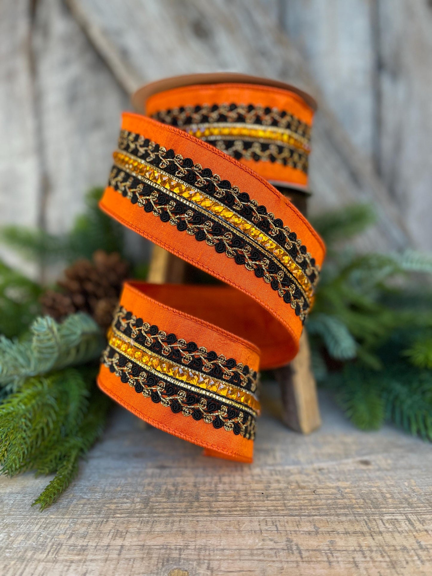2.5" Halloween Ribbon, Supernatural Swirls, Farrisilk Ribbon, Wired Ribbon, Black Orange Ribbon, Designer Ribbon, Wreath Supply, HR029-87