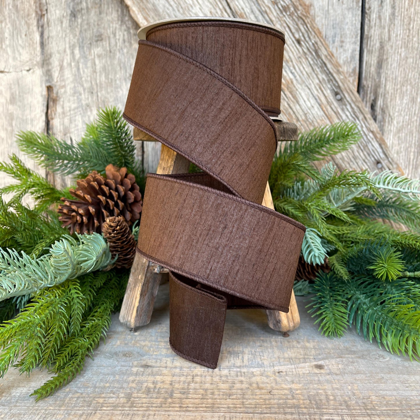 1” Chocolote Brown Dupioni Ribbon, Fall ribbon, Christmas ribbon, Woodsy colored Ribbon, Wired Ribbon, Farrisilk ribbon, RK608-23