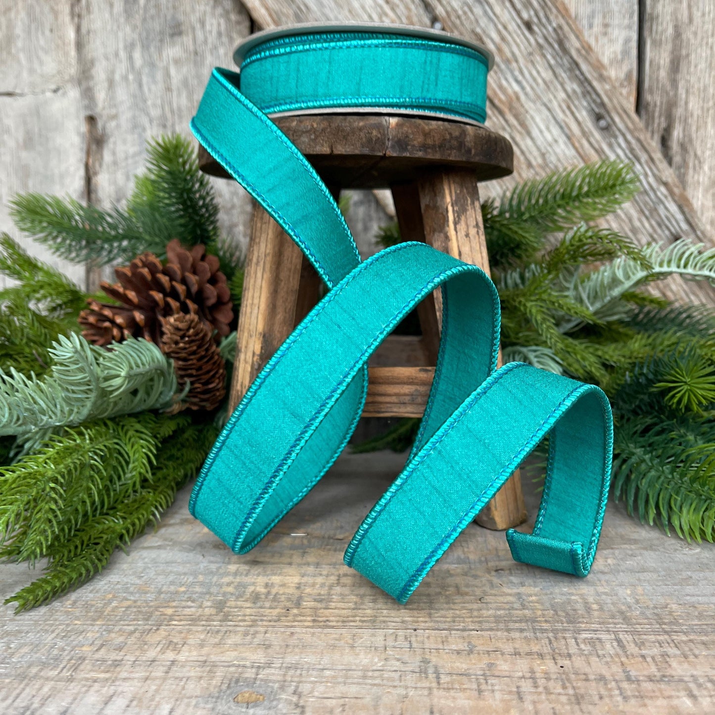 1" Teal Blue Dupion Ribbon, Farrisilk Ribbon, Wired Ribbon
