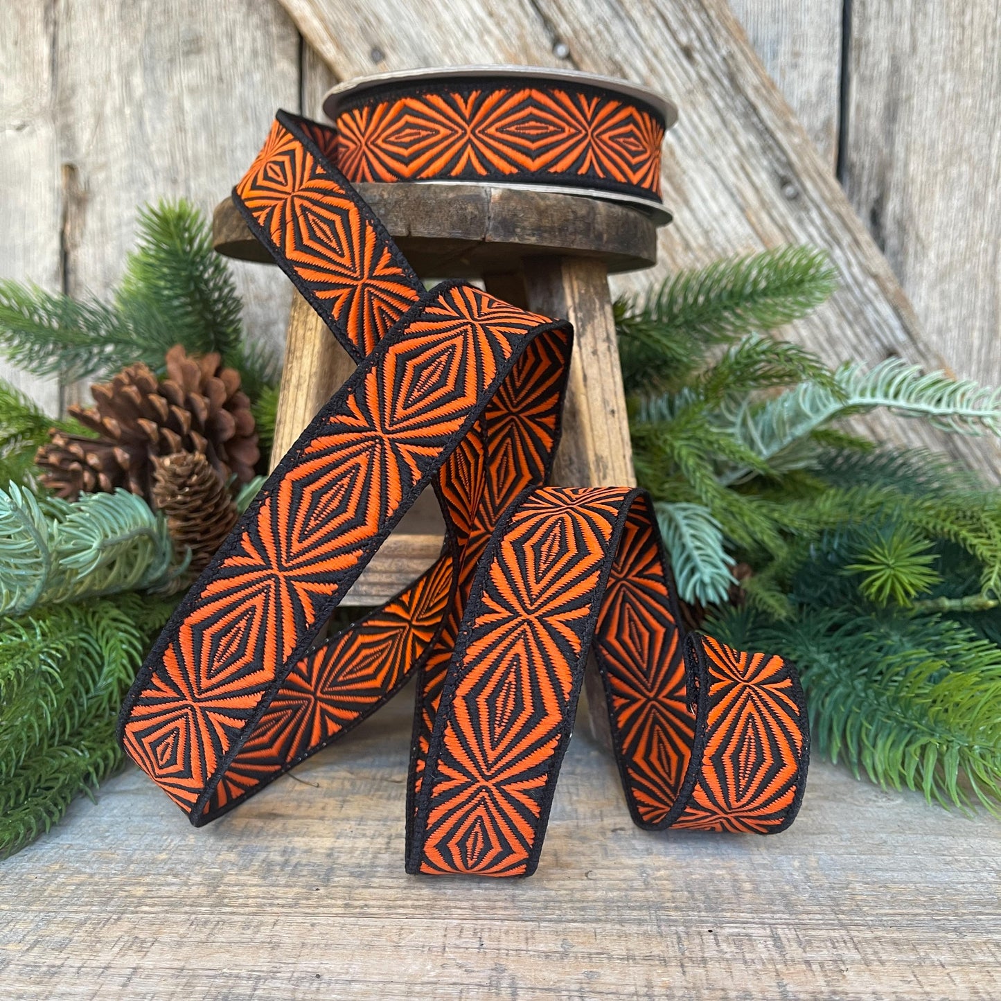 1" Halloween Ribbon, Orange Spider Ribbon, Farrisilk Ribbon, Orange Black Ribbon, Designer Ribbon, HR034-87, Wired Ribbon