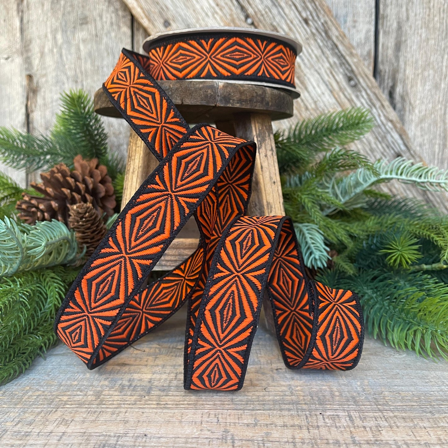 1" Halloween Ribbon, Orange Spider Ribbon, Farrisilk Ribbon, Orange Black Ribbon, Designer Ribbon, HR034-87, Wired Ribbon
