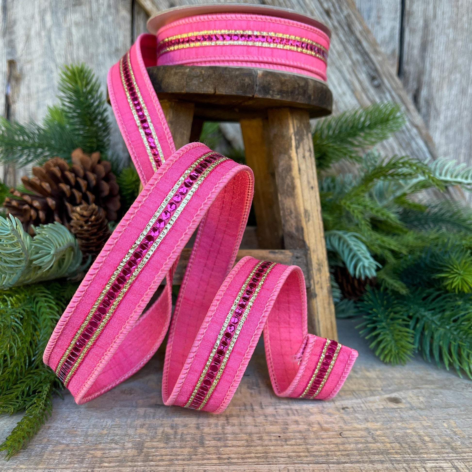 1" Pink Twinkle Trim Ribbon, Farrisilk ribbon, Pink Jeweled RIbbon