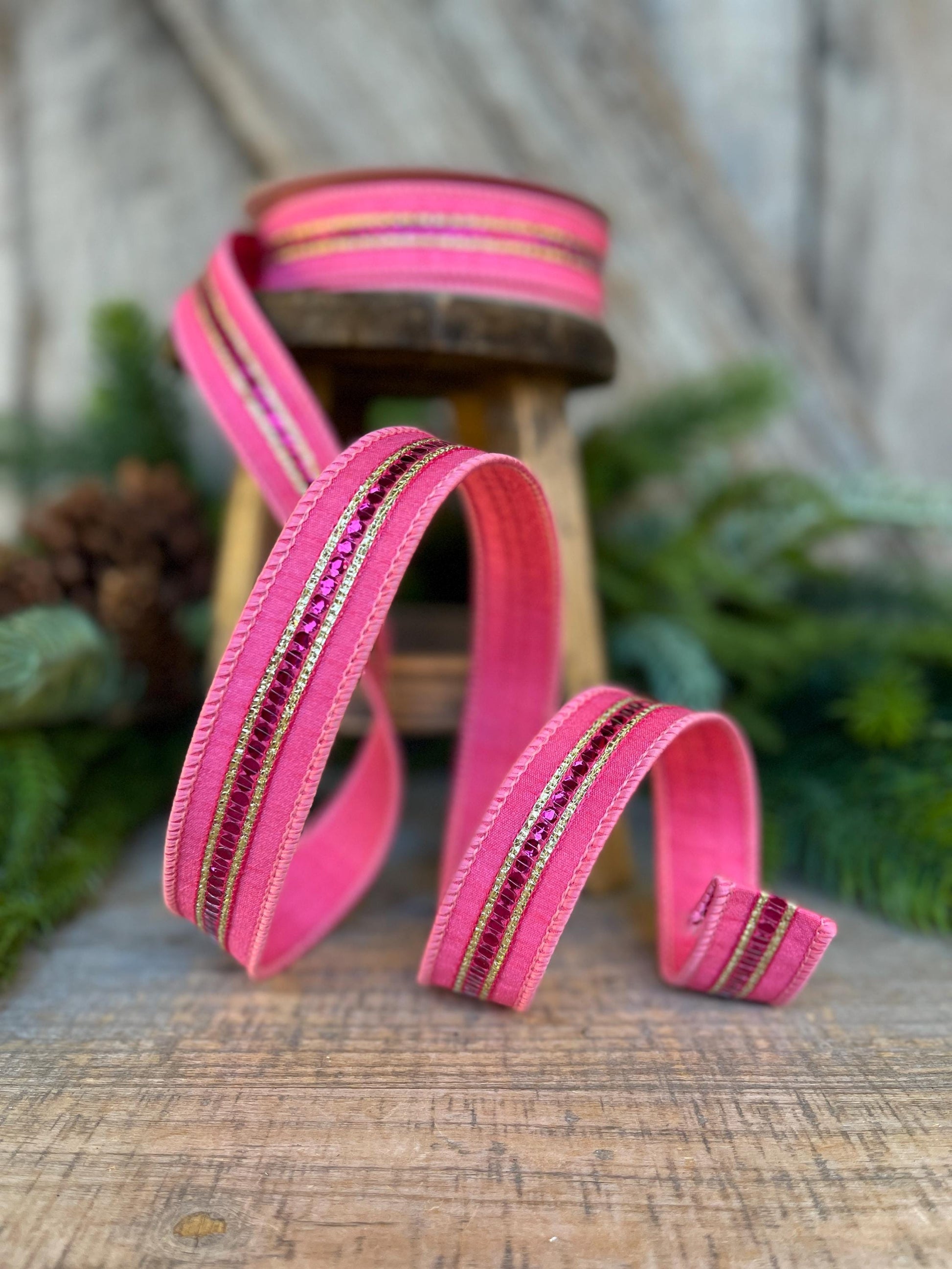 1" Pink Twinkle Trim Ribbon, Farrisilk ribbon, Pink Jeweled RIbbon