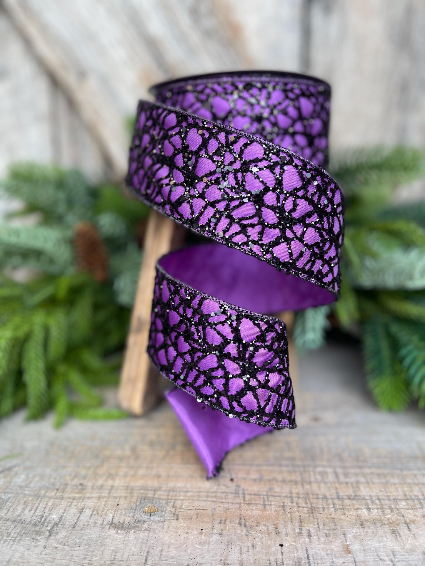 2.5" Purple Black Glitzy Web Ribbon, Farrisilk Ribbon, Halloween RIbbon, SPider Web Ribbon, Designer Ribbon, Wired RIbbon, RS105-86
