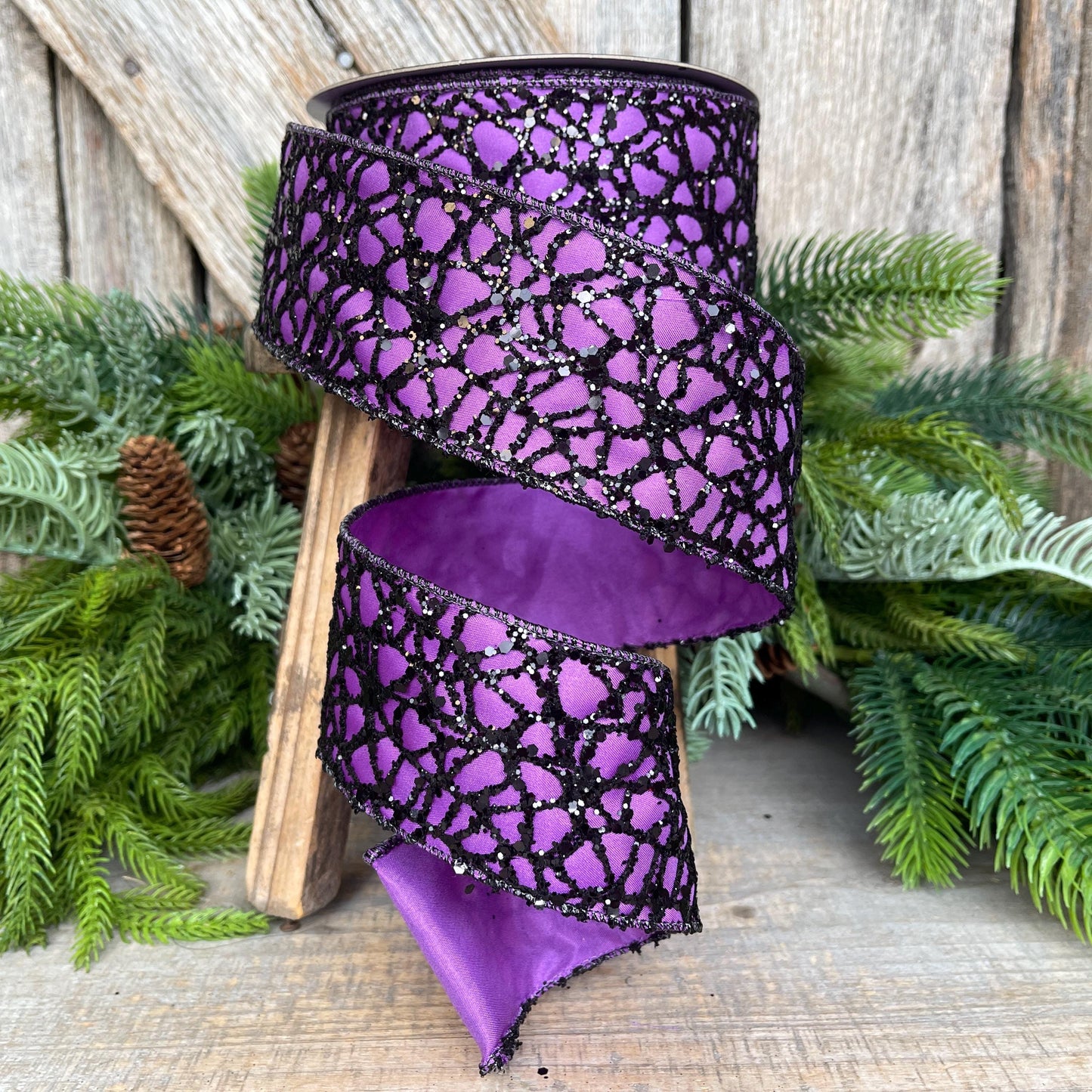 2.5" Purple Black Glitzy Web Ribbon, Farrisilk Ribbon, Halloween RIbbon, SPider Web Ribbon, Designer Ribbon, Wired RIbbon, RS105-86