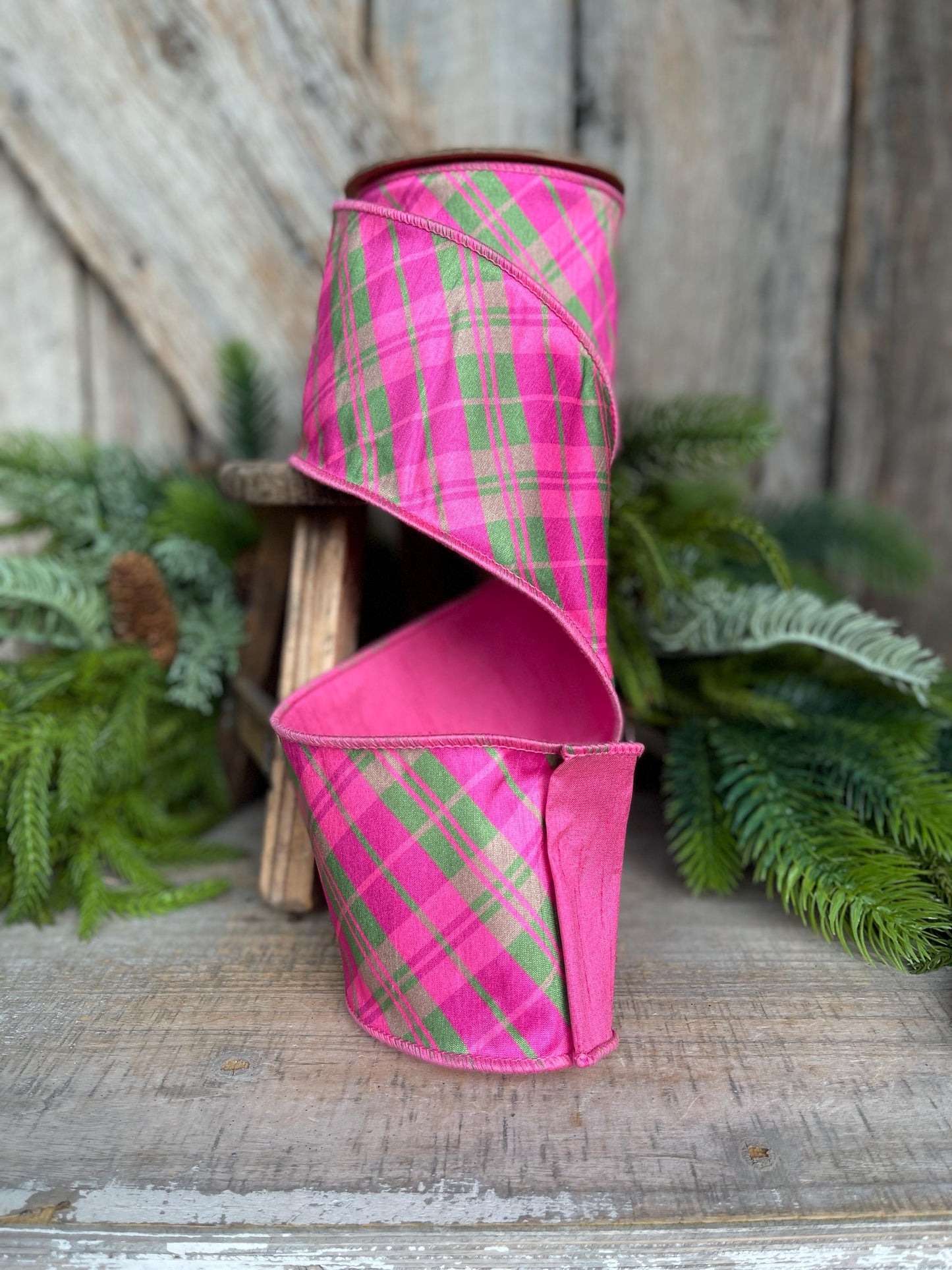 4" Pink and Green Bias Plaid RIbbon, Preppy Ribbon, Bubblegum Pink Plaid Ribbon, Christmas Ribbon, Hot Pink Ribbon