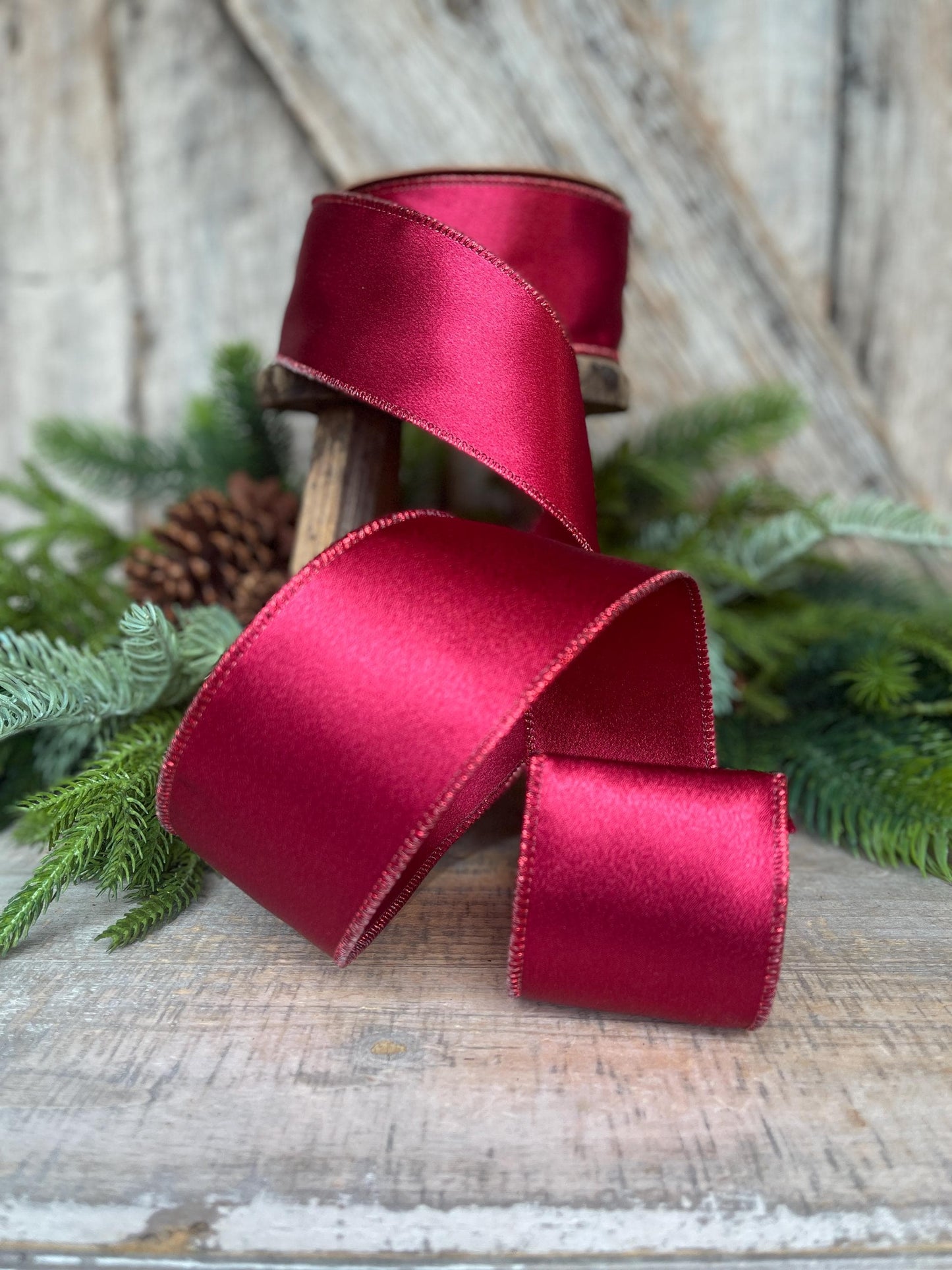 2.5" Wine Burgundy Satin Ribbon, Christmas Ribbon, Shimmer Satin Ribbon, Wired Ribbon, Maroon Ribbon