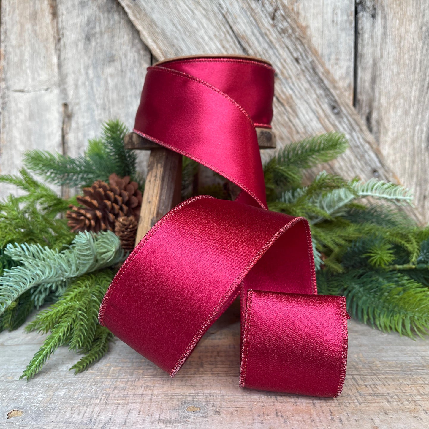 2.5" Wine Burgundy Satin Ribbon, Christmas Ribbon, Shimmer Satin Ribbon, Wired Ribbon, Maroon Ribbon