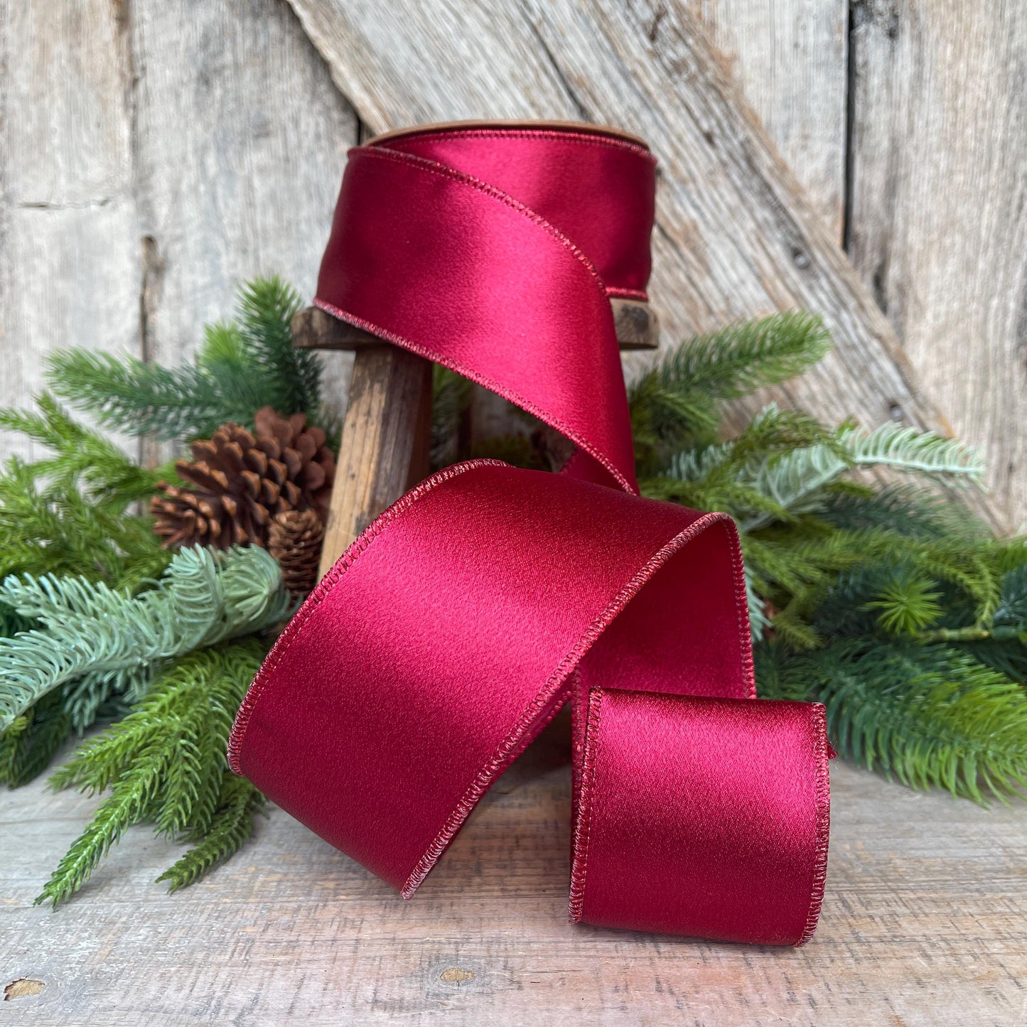 2.5" Wine Burgundy Satin Ribbon, Christmas Ribbon, Shimmer Satin Ribbon, Wired Ribbon, Maroon Ribbon