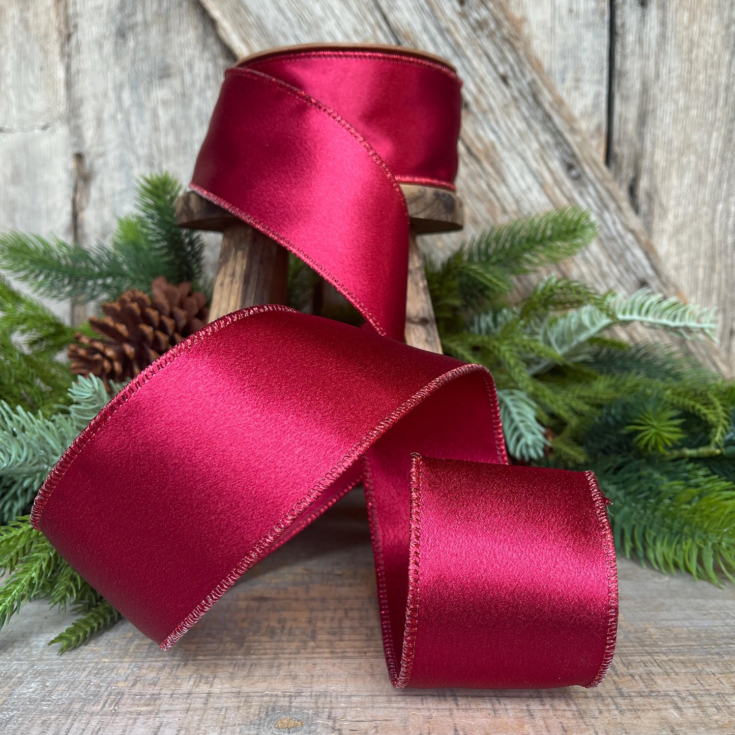 2.5" Wine Burgundy Satin Ribbon, Christmas Ribbon, Shimmer Satin Ribbon, Wired Ribbon, Maroon Ribbon
