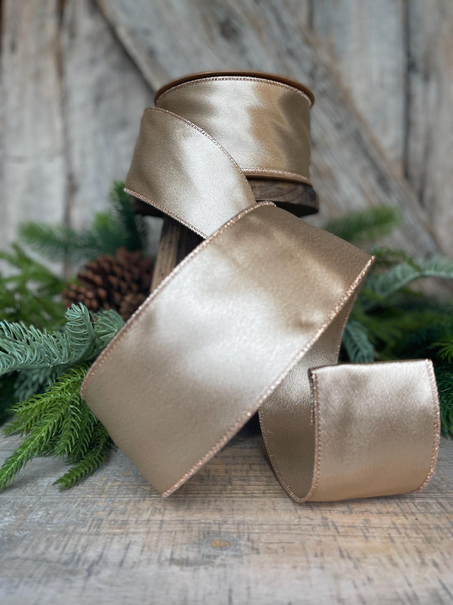 2.5" Gold Satin Ribbon, Christmas Ribbon, Shimmer Satin Ribbon, Wired Ribbon, Gold Ribbon