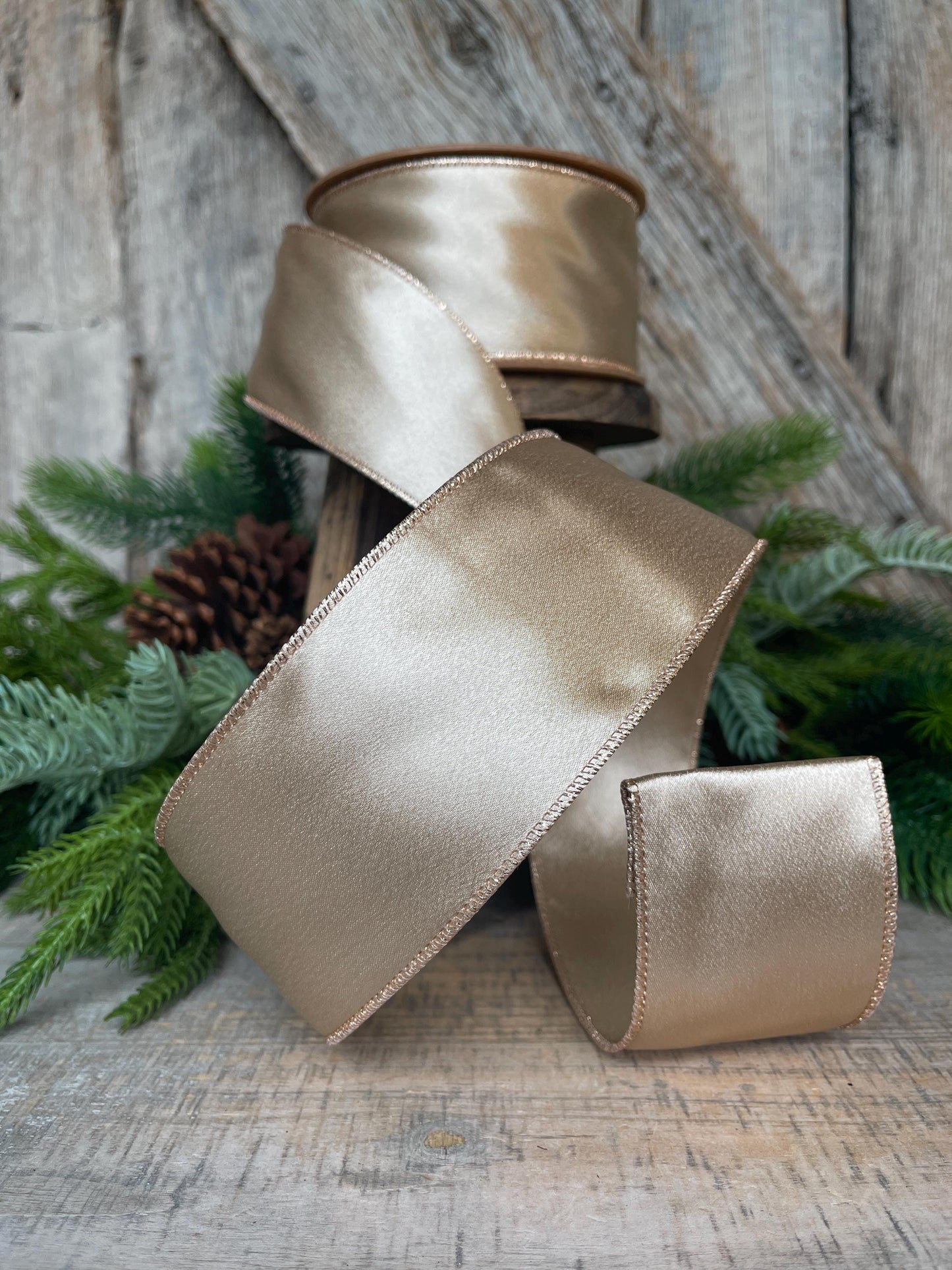 2.5" Gold Satin Ribbon, Christmas Ribbon, Shimmer Satin Ribbon, Wired Ribbon, Gold Ribbon
