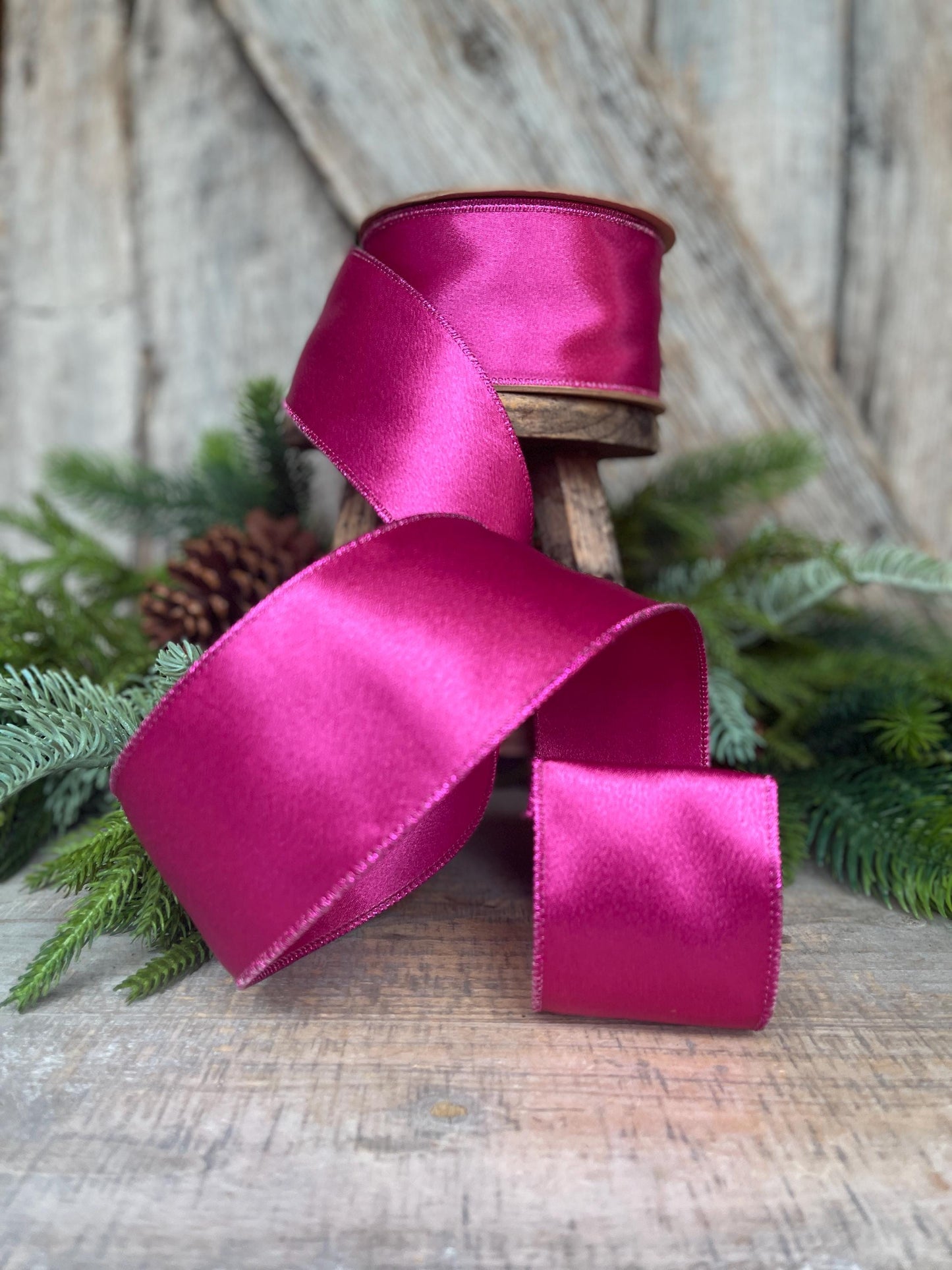 4" Hot Pink Satin Ribbon, Christmas Ribbon, Shimmer Satin Ribbon, Wired Ribbon, Hot Pink Ribbon