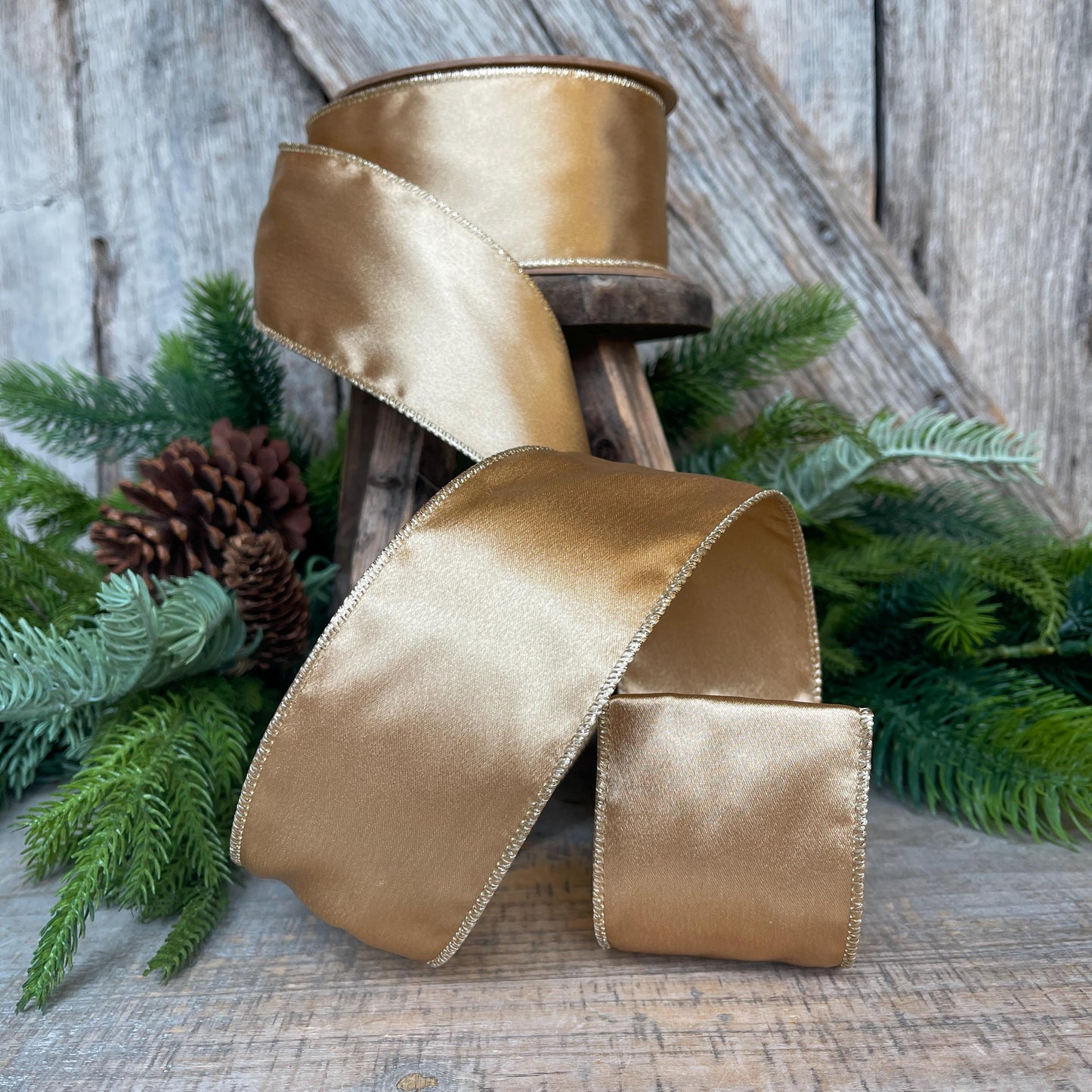 2.5" Gold Satin Ribbon, Christmas Ribbon, Shimmer Satin Ribbon, Wired Ribbon, Gold Ribbon