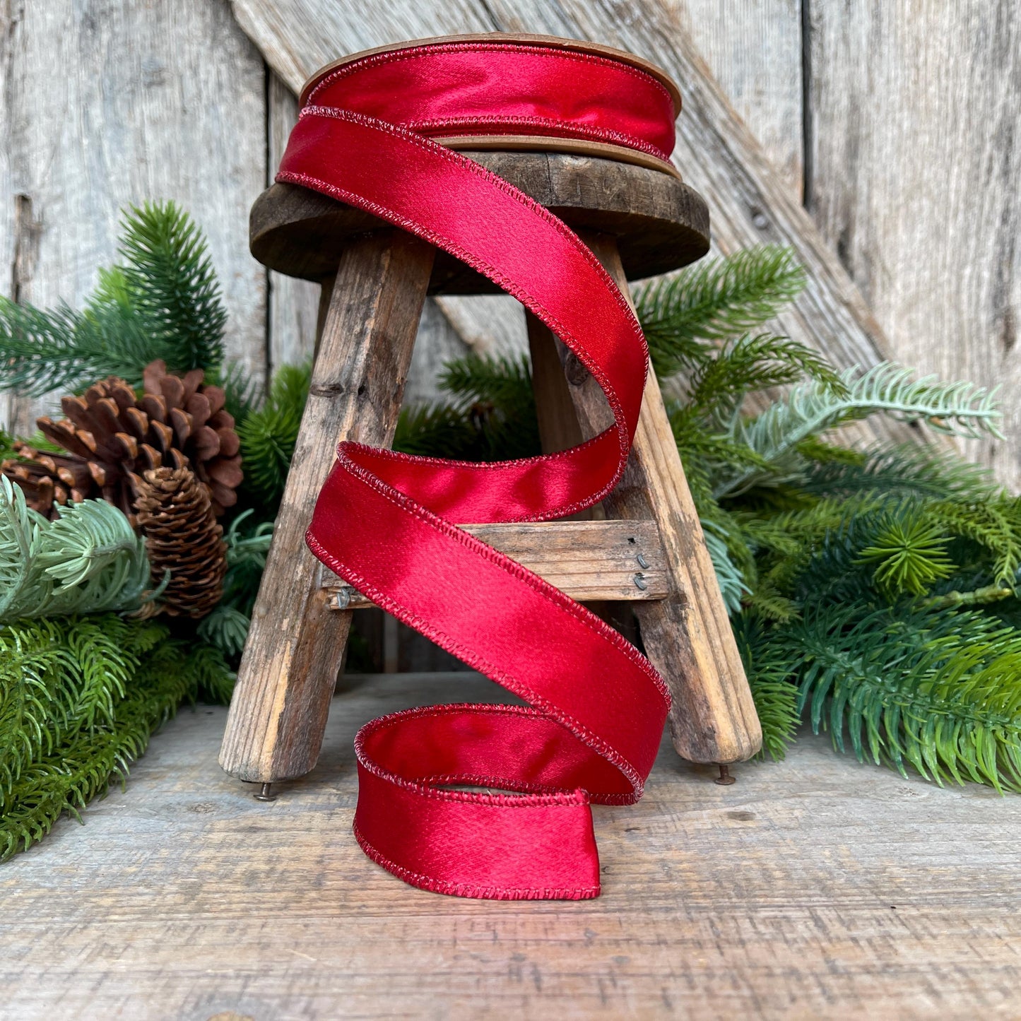 1" Red Satin Shimmer Ribbon, Christmas Ribbon, Red Ribbon, Satin Ribbon, Red Narrow Ribbon, Wired Ribbon