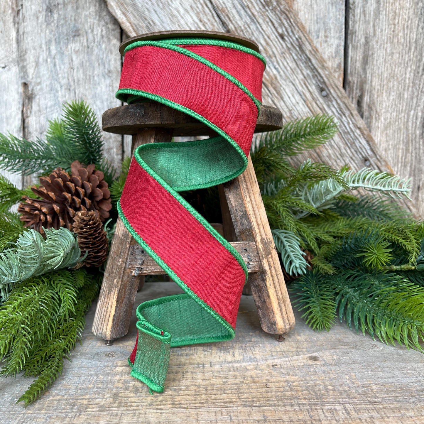 1.5" Red Green Dupion Ribbon, Christmas Ribbon, Double Sided Ribbon, Christmas Tree Ribbon