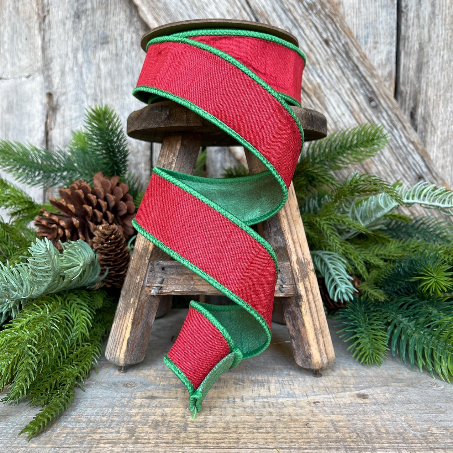 1.5" Red Green Dupion Ribbon, Christmas Ribbon, Double Sided Ribbon, Christmas Tree Ribbon