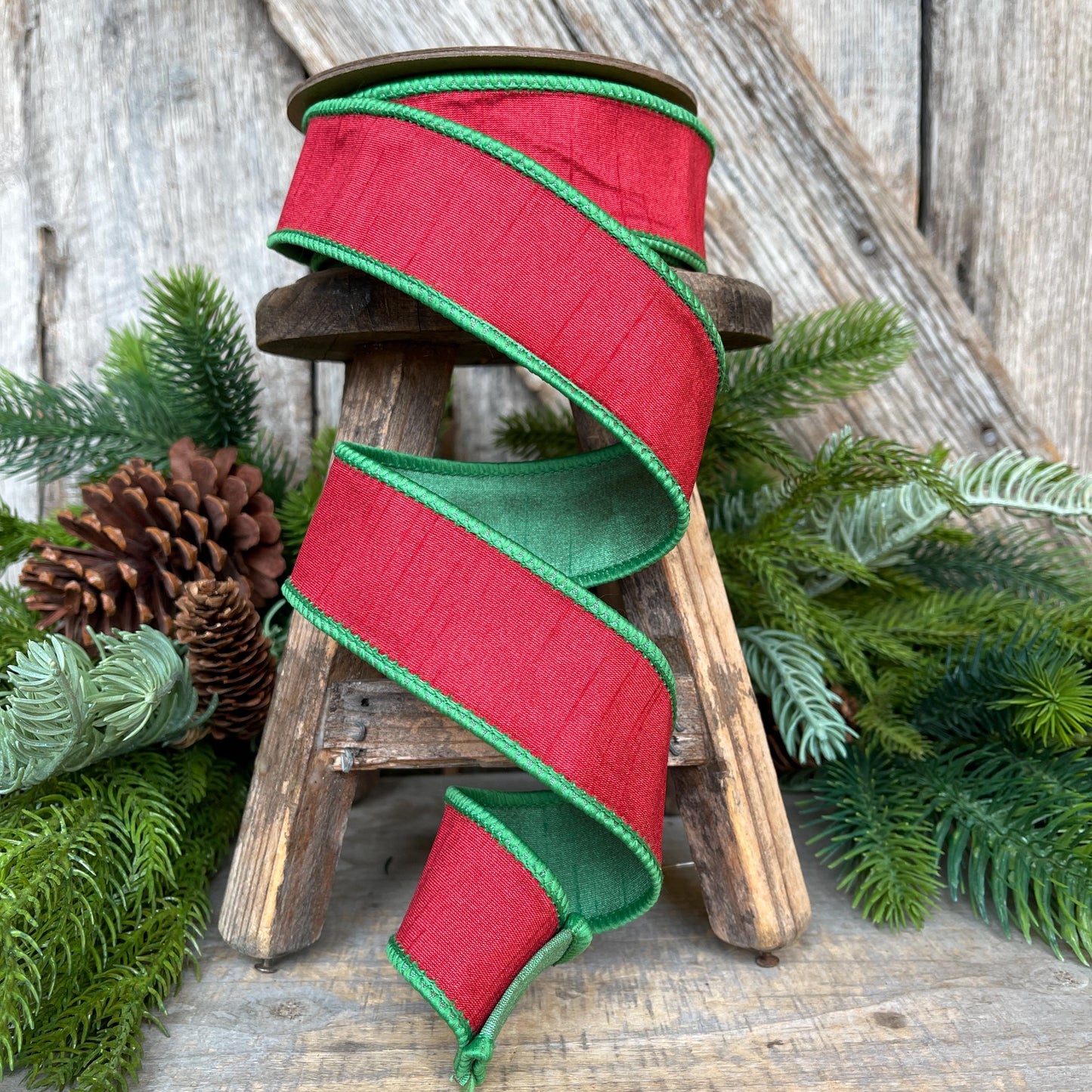 1.5" Red Green Dupion Ribbon, Christmas Ribbon, Double Sided Ribbon, Christmas Tree Ribbon
