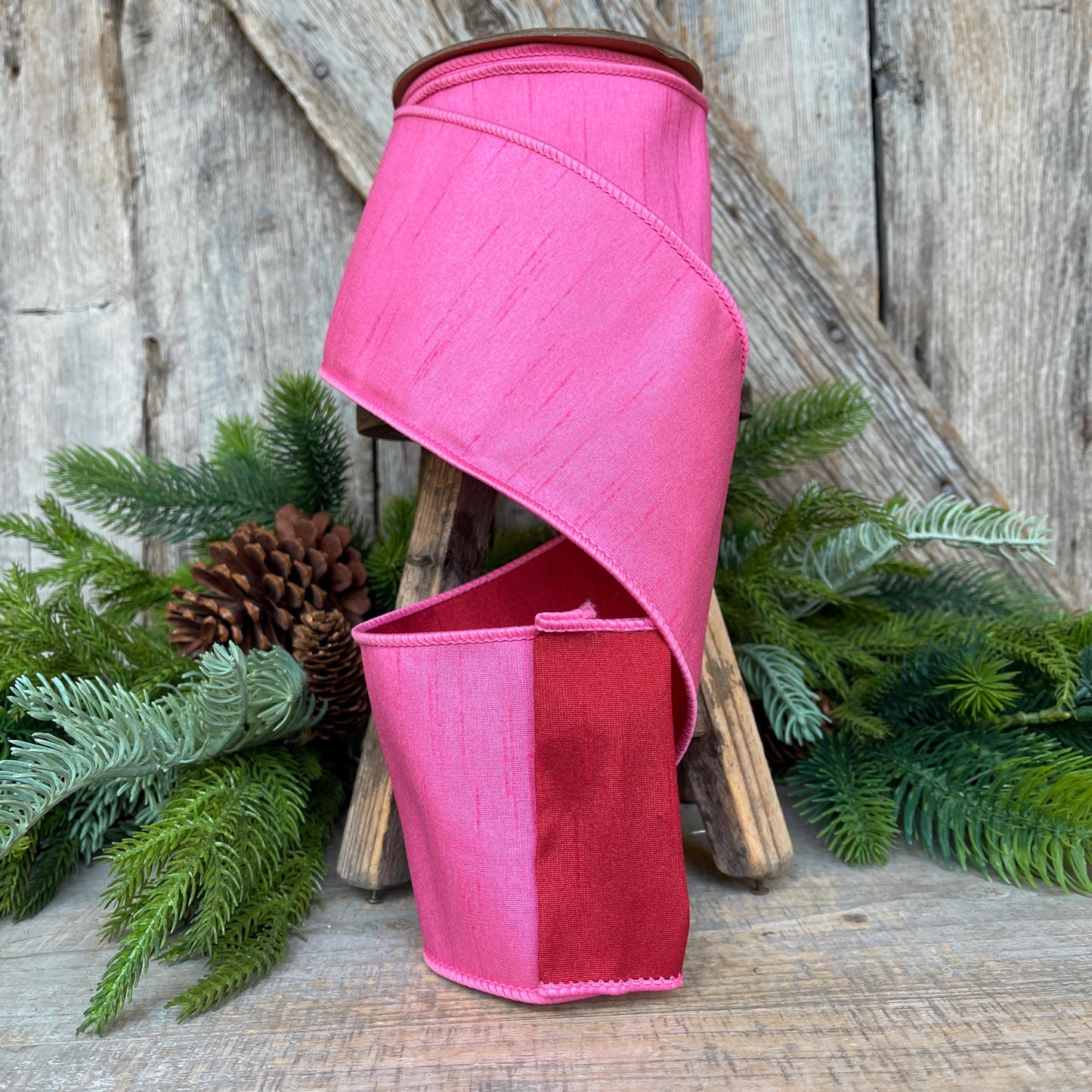 4" Pink & Red Ribbon, Doublesided ribbon, Christmas Ribbon, Bubblegum Pink Ribbon, Wired RIbbon, Designer Ribbon