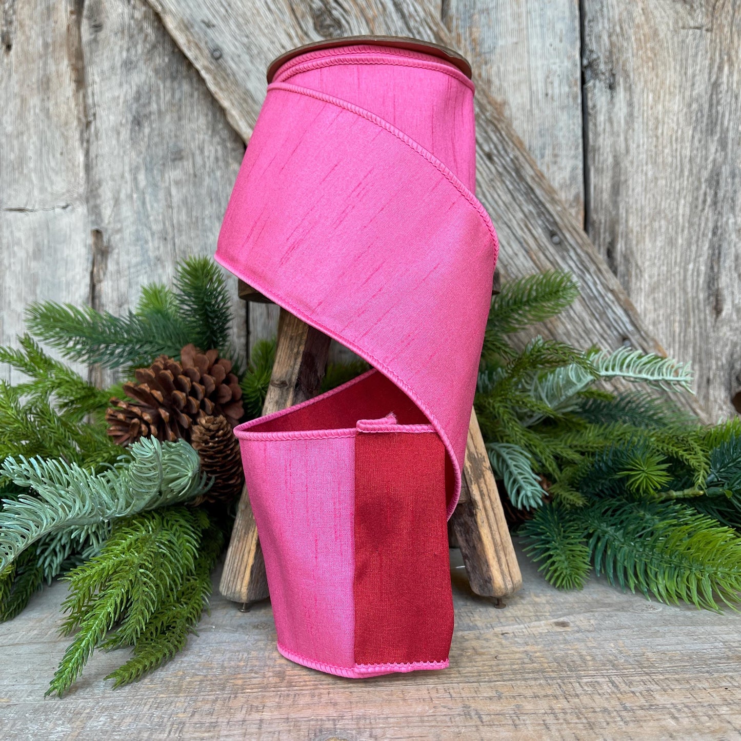 4" Pink & Red Ribbon, Doublesided ribbon, Christmas Ribbon, Bubblegum Pink Ribbon, Wired RIbbon, Designer Ribbon