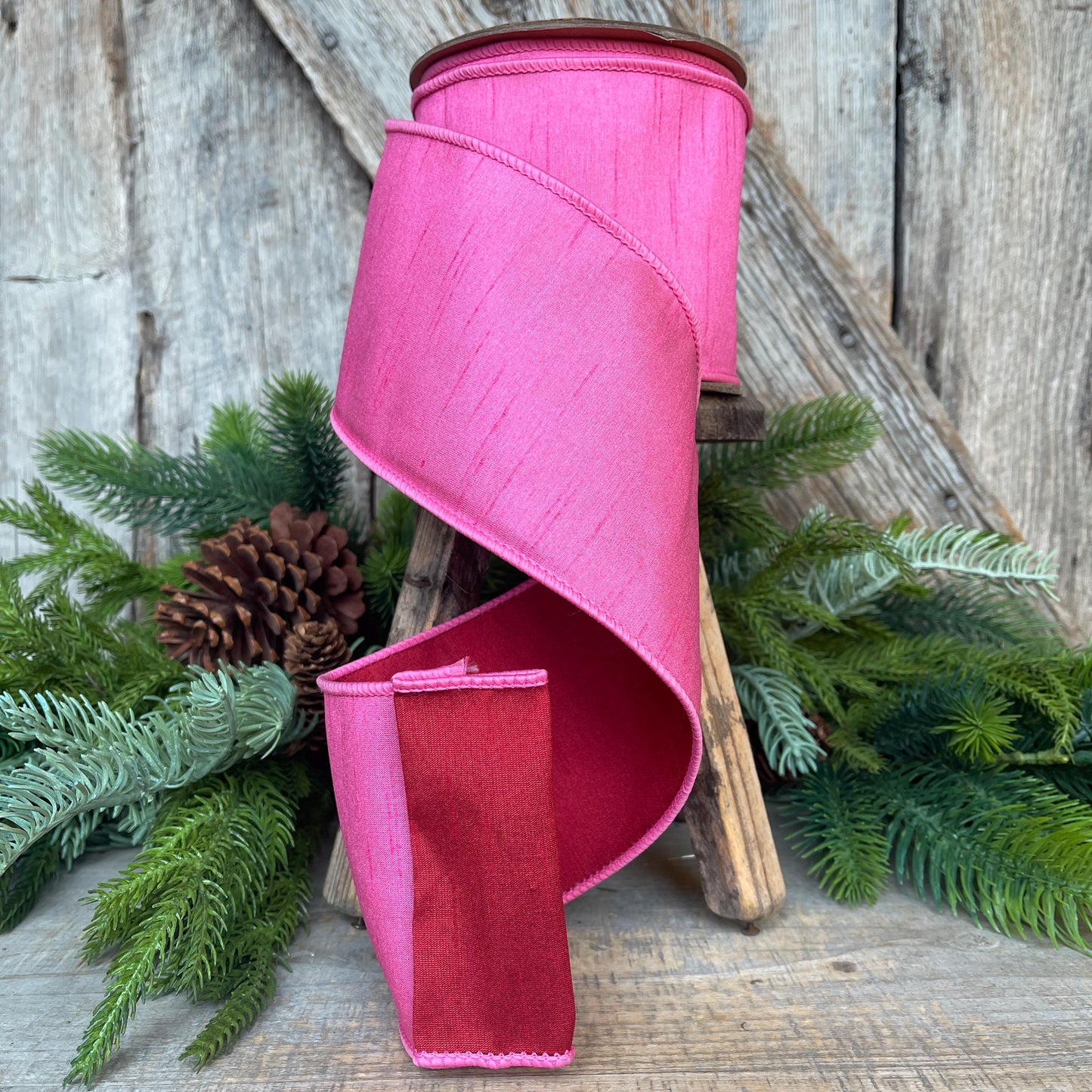 4" Pink & Red Ribbon, Doublesided ribbon, Christmas Ribbon, Bubblegum Pink Ribbon, Wired RIbbon, Designer Ribbon