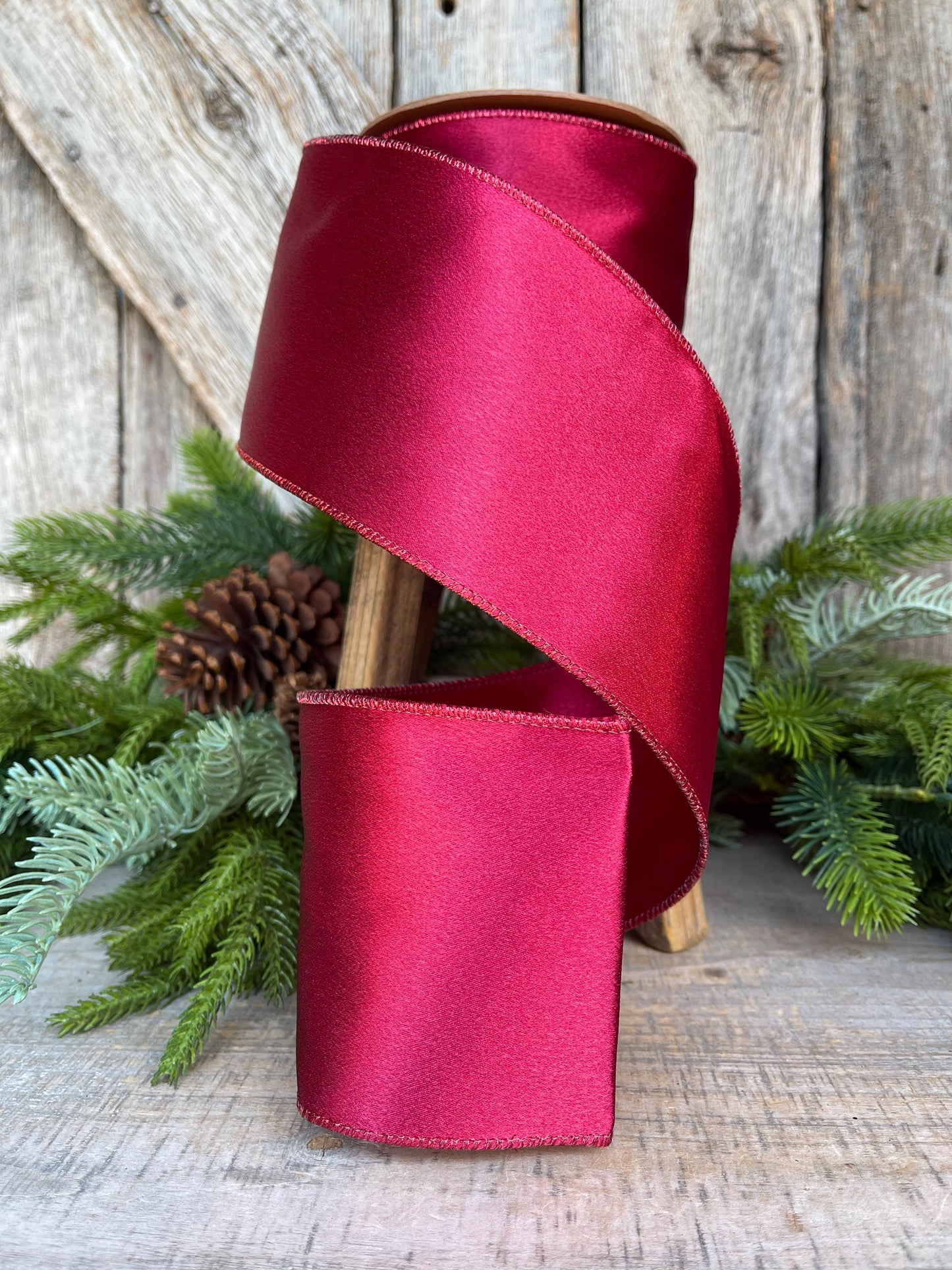 4" Wine Burgundy Satin Ribbon, Christmas Ribbon, Shimmer Satin Ribbon, Wired Ribbon, Maroon Ribbon